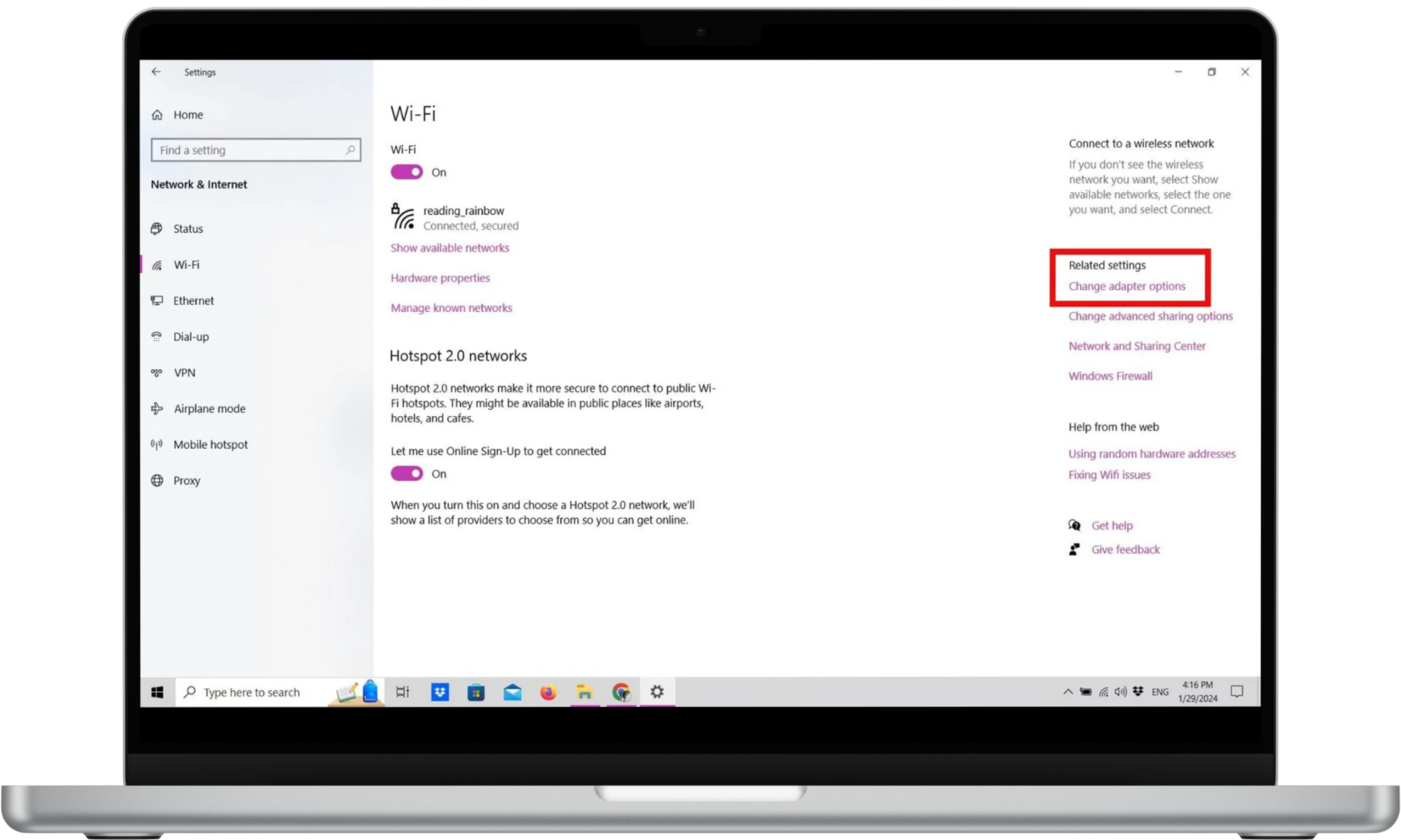 Wi-Fi settings in Windows 10 with Related setting/ change adapter options highlighted Wi-Fi settings in Windows 10 with Related setting/ change adapter options highlighted