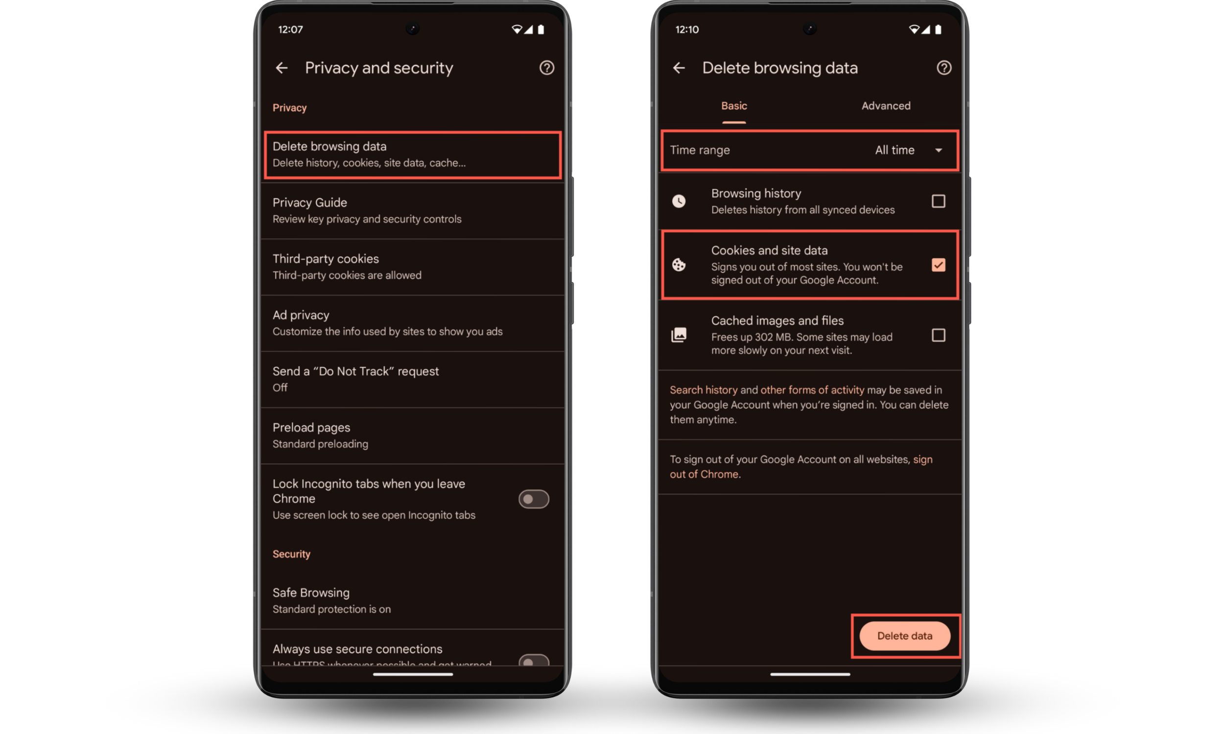 These Chrome screenshots show how to visit the clear cookies on your Android via the browser's Privacy and settings console. These Chrome screenshots show how to visit the clear cookies on your Android via the browser's Privacy and settings console.