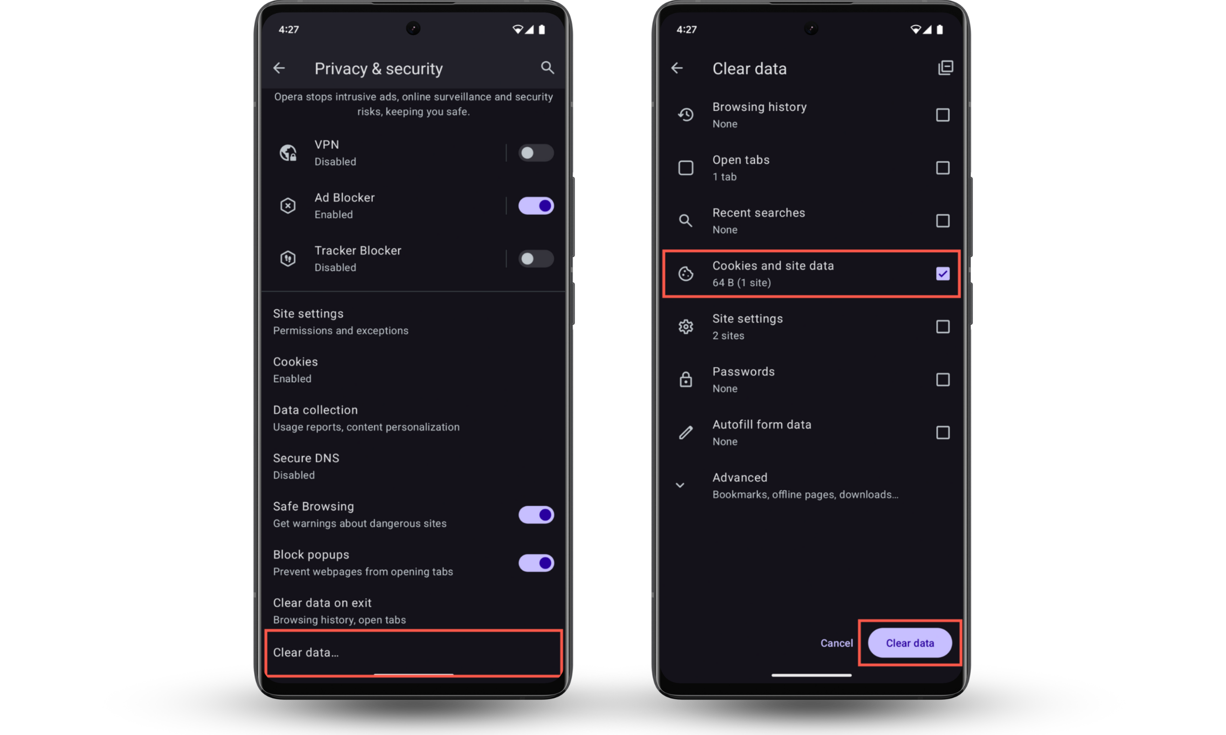 These Opera screenshots show how to remove cookies from your Android via the browser's Privacy & security settings console. These Opera screenshots show how to remove cookies from your Android via the browser's Privacy & security settings console.