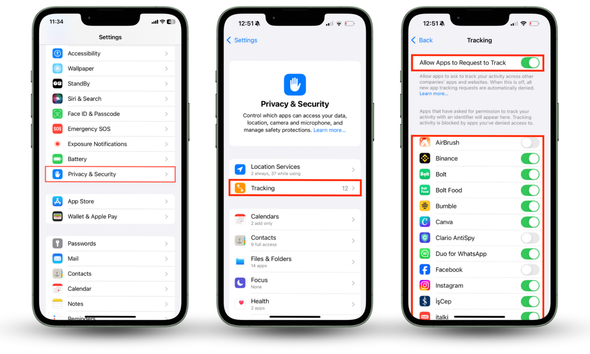 To inspect app permissions on iPhone, Go to Settings > Privacy & Security. Choose permission from the Camera, Microphone, Location, etc. Toggle the switch off to stop an app from tracking you. To inspect app permissions on iPhone, Go to Settings > Privacy & Security. Choose permission from the Camera, Microphone, Location, etc. Toggle the switch off to stop an app from tracking you.