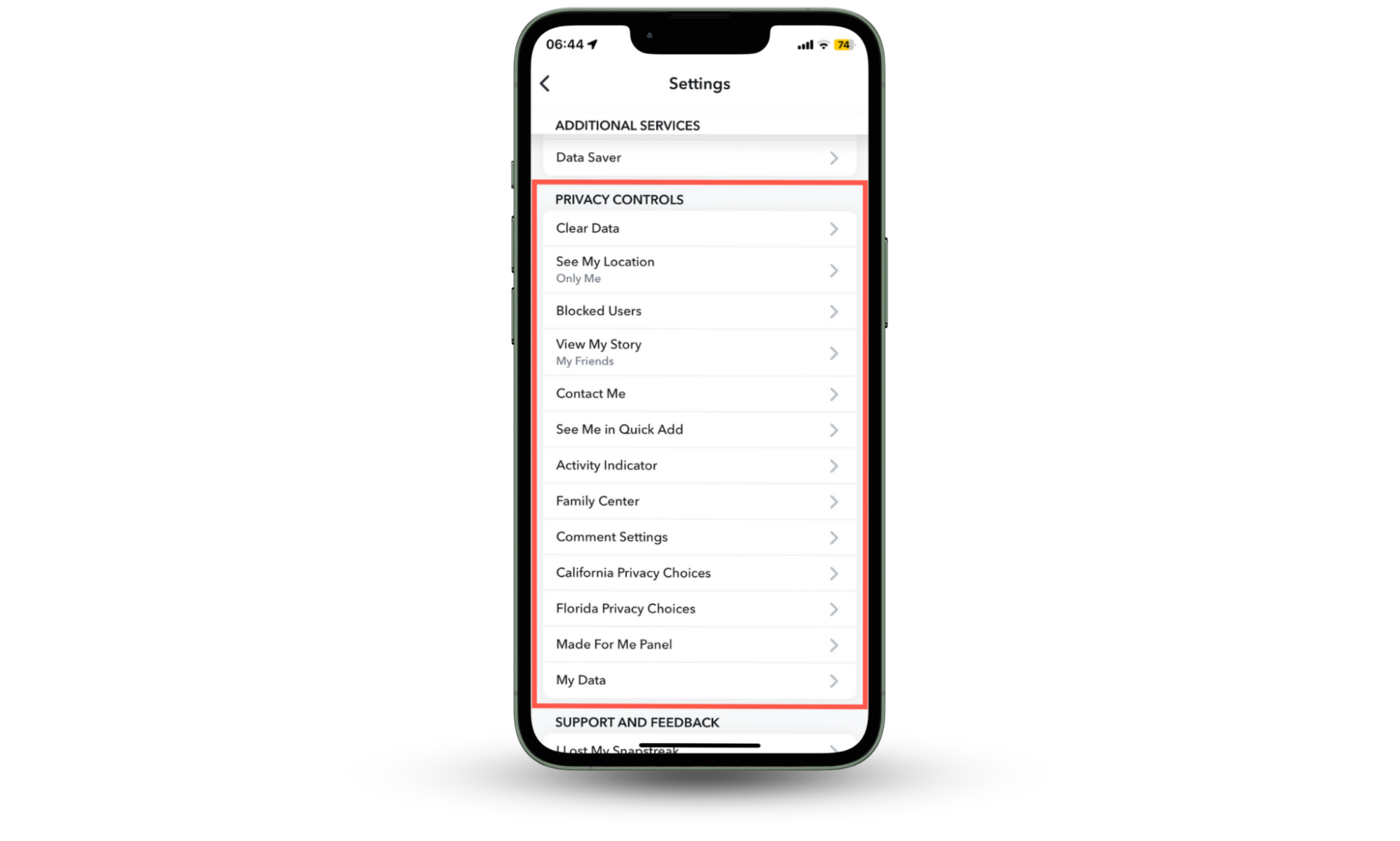 iPhone with Snapchat open showing how to inspect your account's privacy controls if you know someone is spying on your Snapchat. iPhone with Snapchat open showing how to inspect your account's privacy controls if you know someone is spying on your Snapchat.
