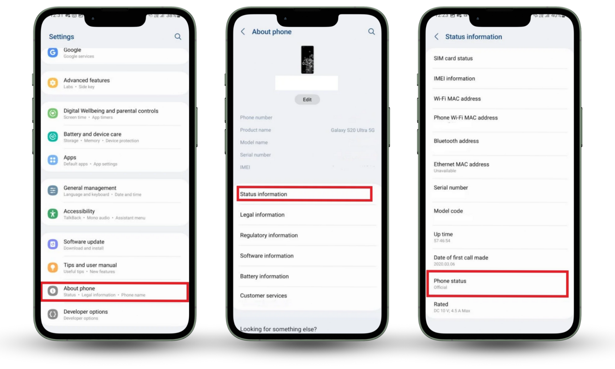 Samsung settings showing Phone status marked as Official to confirm device is not rooted, to find hidden spy apps on Android. Samsung settings showing Phone status marked as Official to confirm device is not rooted, to find hidden spy apps on Android.