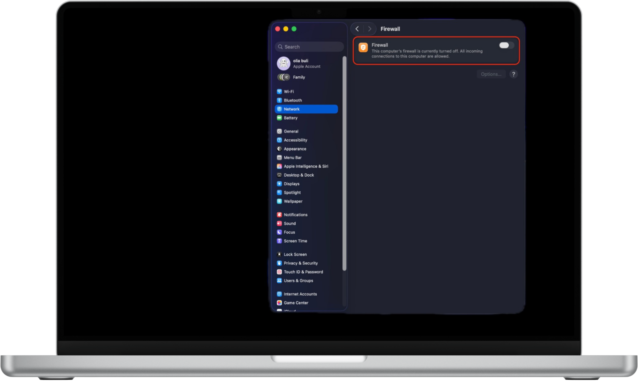 Turning on the macOS firewall to help protect the device from zero-day attacks and other security threats.