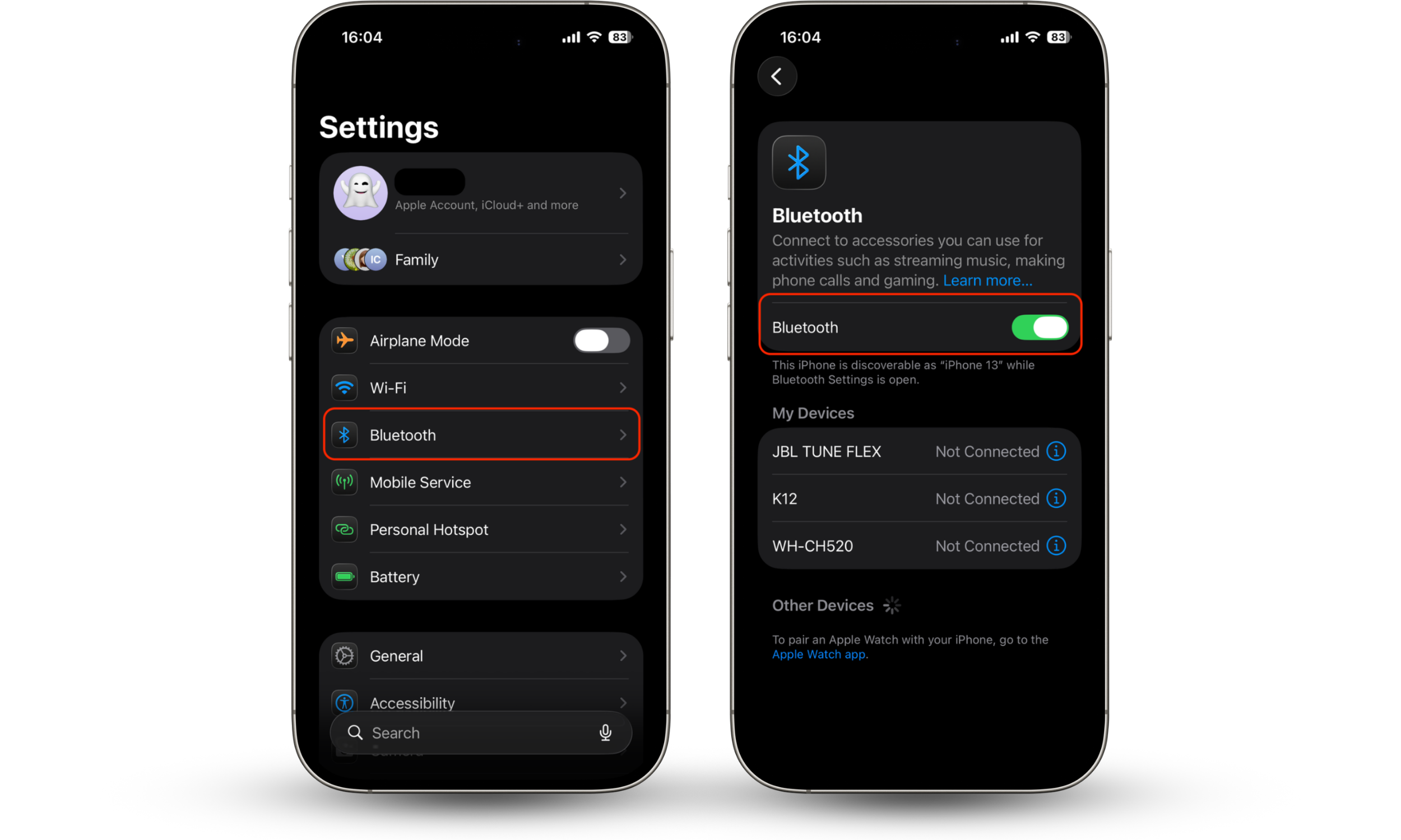 Bluetooth enabled in iPhone Settings showing Bluetooth toggle switched ON (Settings  Bluetooth) for AirTag setup troubleshooting.