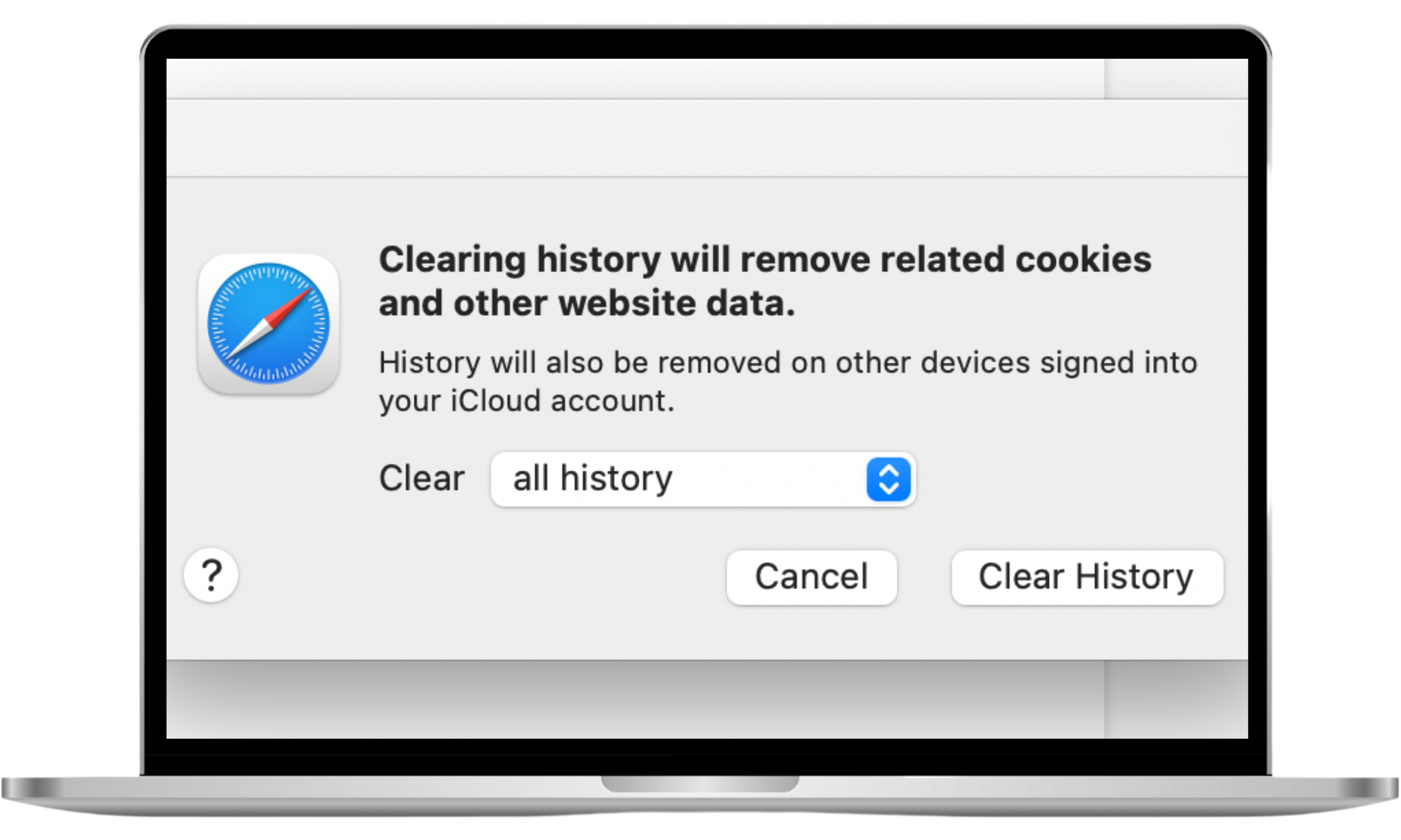 The Safari browser shows the Clear History pop-up with 