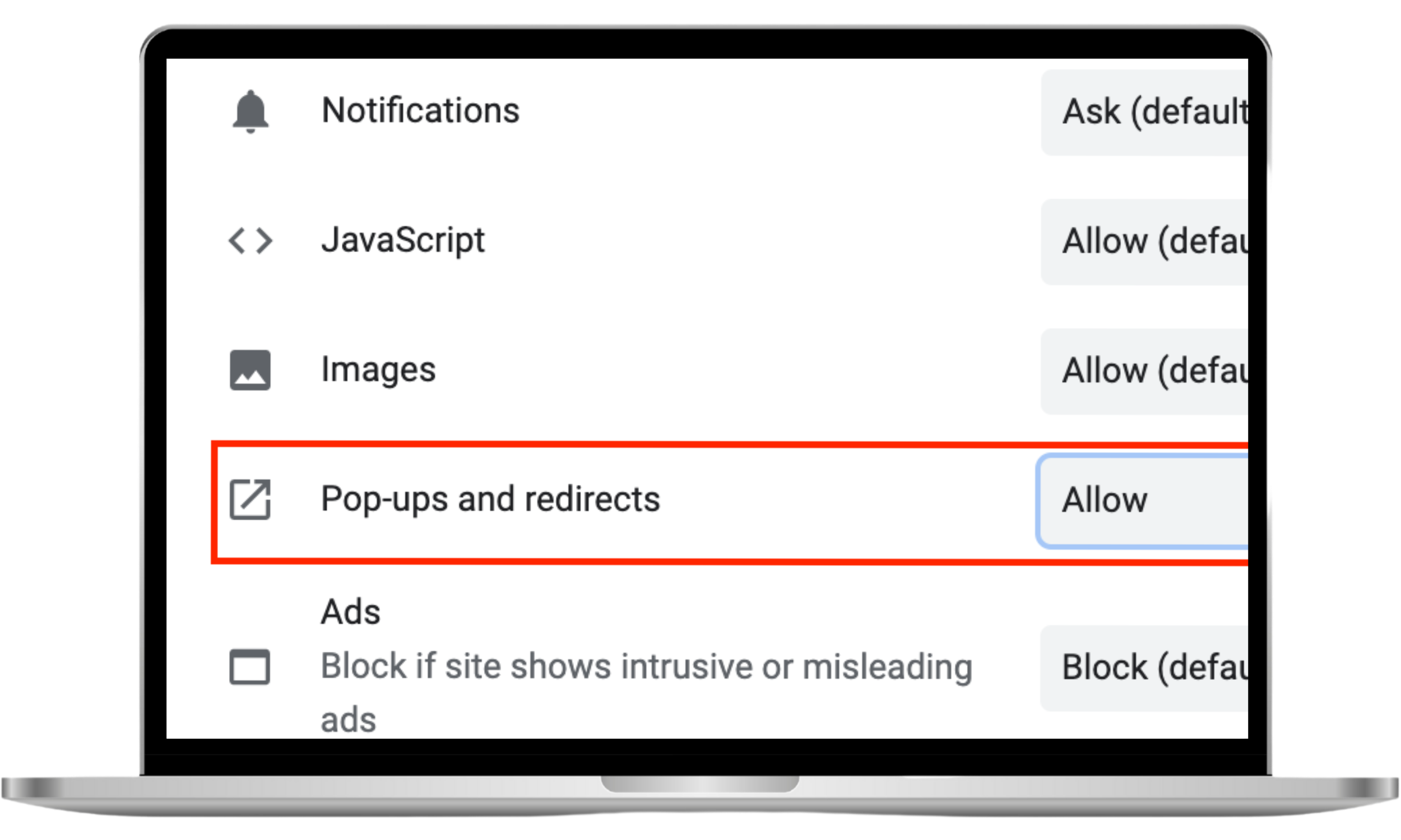 How to allow pop-ups on Mac in Chrome for one website? Open Chrome. Go to the website where you want to allow pop-ups. Click the lock icon, then Site settings. Set the Pop-ups and redirects option to Allow.