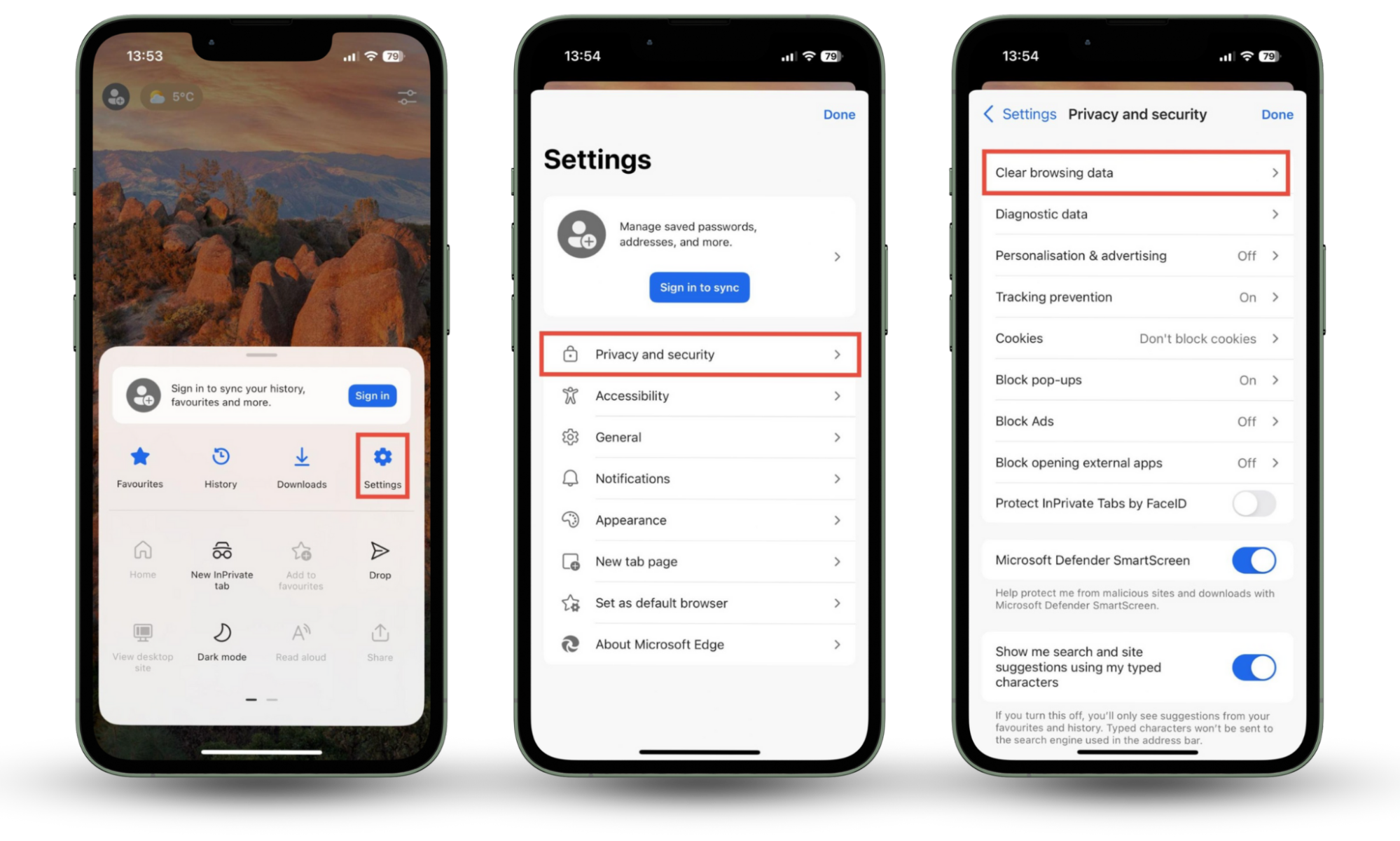 The steps needed to delete cookies from Microsoft Edge in iOS. You'll clear browsing data by opening the Settings menu and choosing Privacy and security. The steps needed to delete cookies from Microsoft Edge in iOS. You'll clear browsing data by opening the Settings menu and choosing Privacy and security.