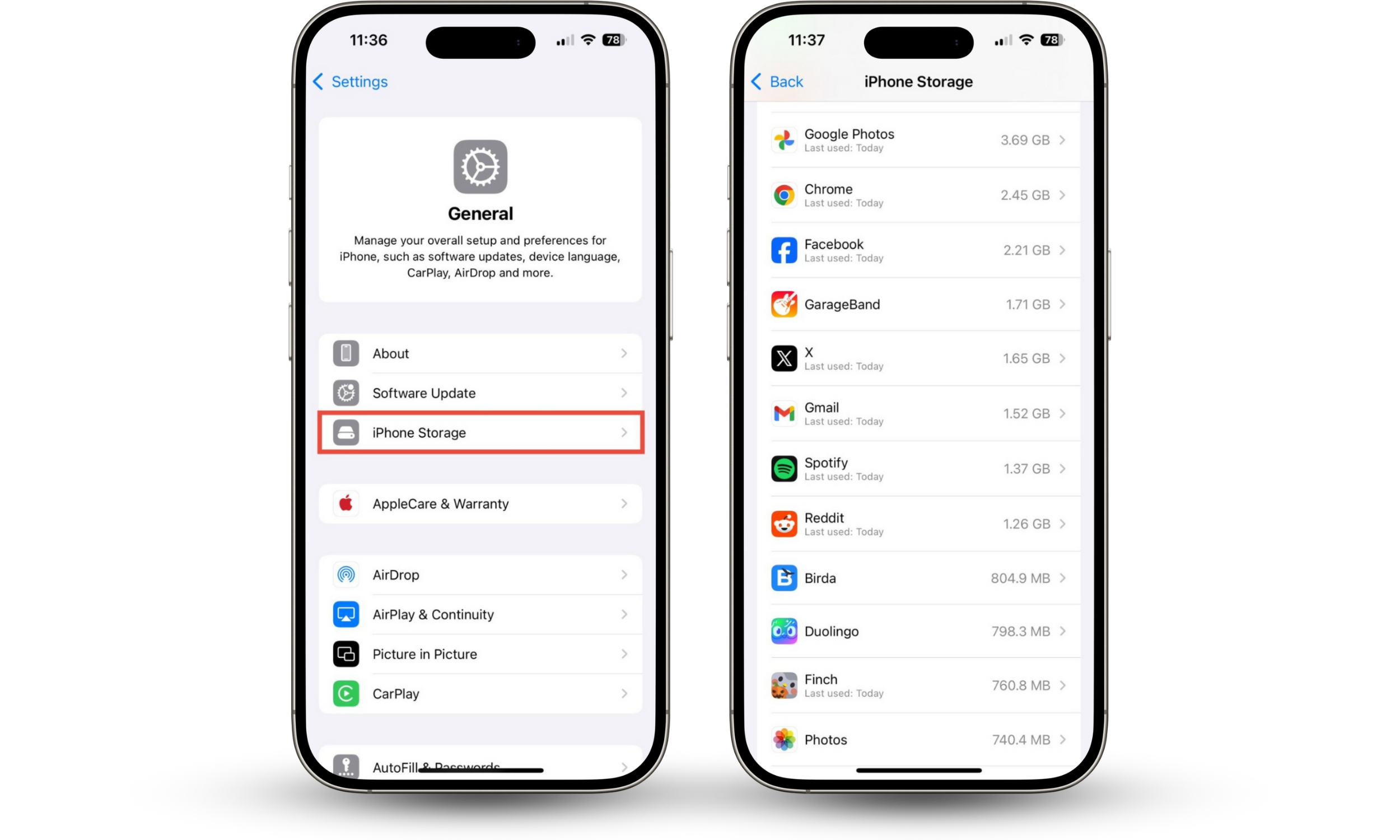 iPhone settings, showing how to look for unknown apps. To check if your iPhone is hacked in settings, look for unfamiliar software.