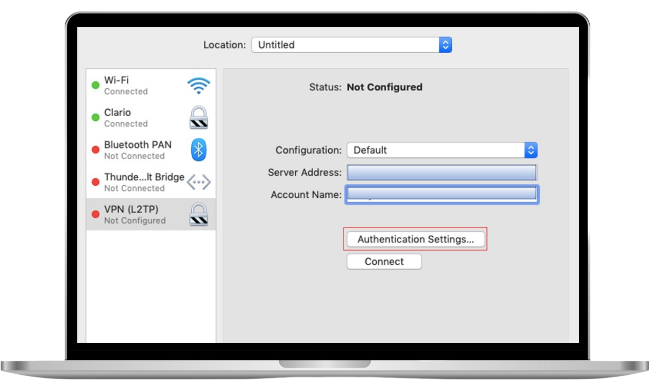 VPN configuration window showing Authentication Settings button highlighted.