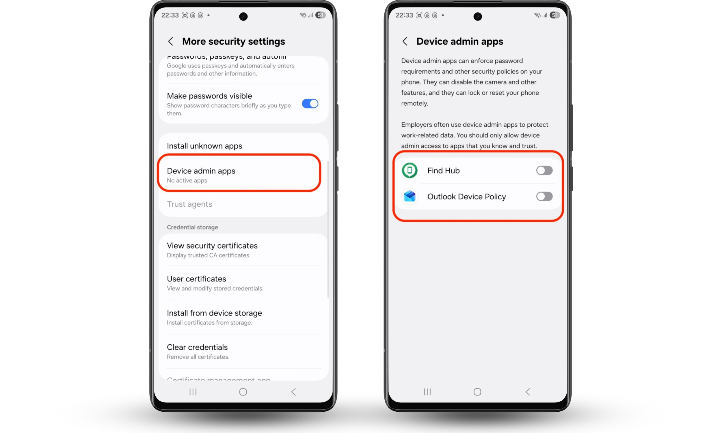 The Device admin apps screen on an Android phone showing a list of apps with administrator privileges, where the user reviews and disables access for any suspicious or unknown apps. The Device admin apps screen on an Android phone showing a list of apps with administrator privileges, where the user reviews and disables access for any suspicious or unknown apps.