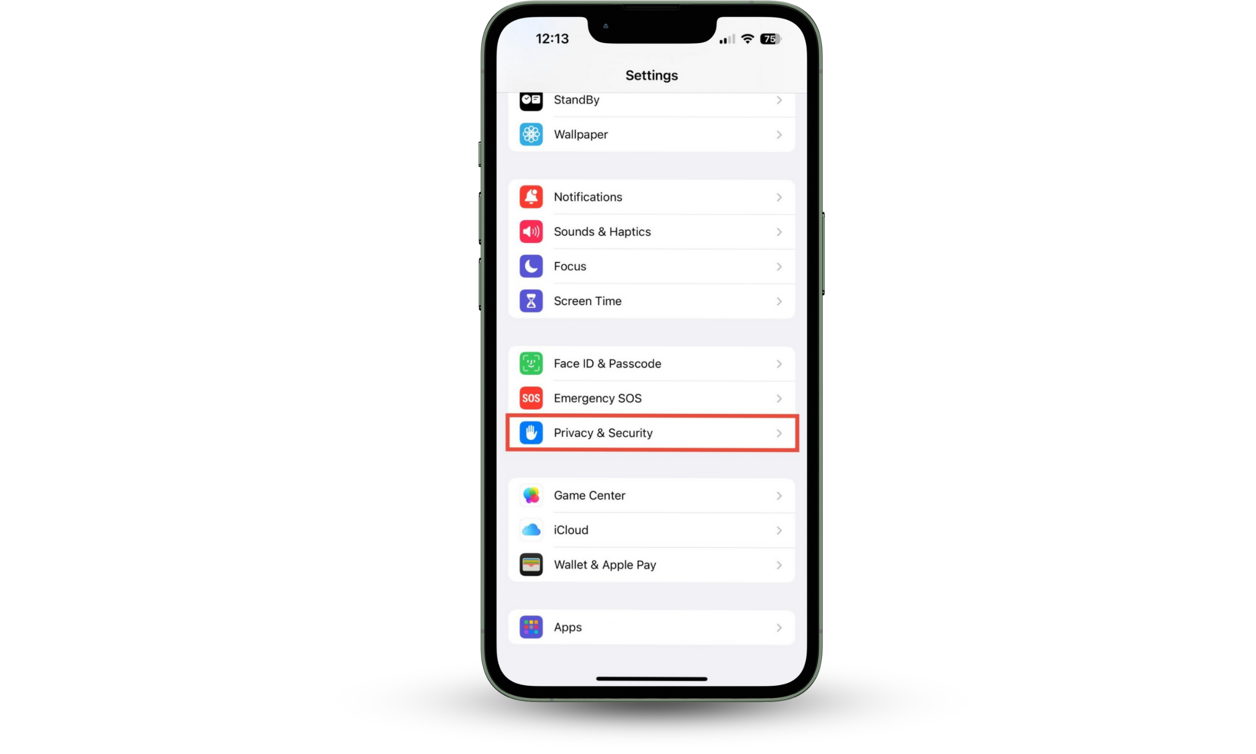 The Settings app on an iPhone, with Privacy & Security highlighted. To check if your iPhone is hacked in settings, see if Developer Mode is unexpectedly enabled.