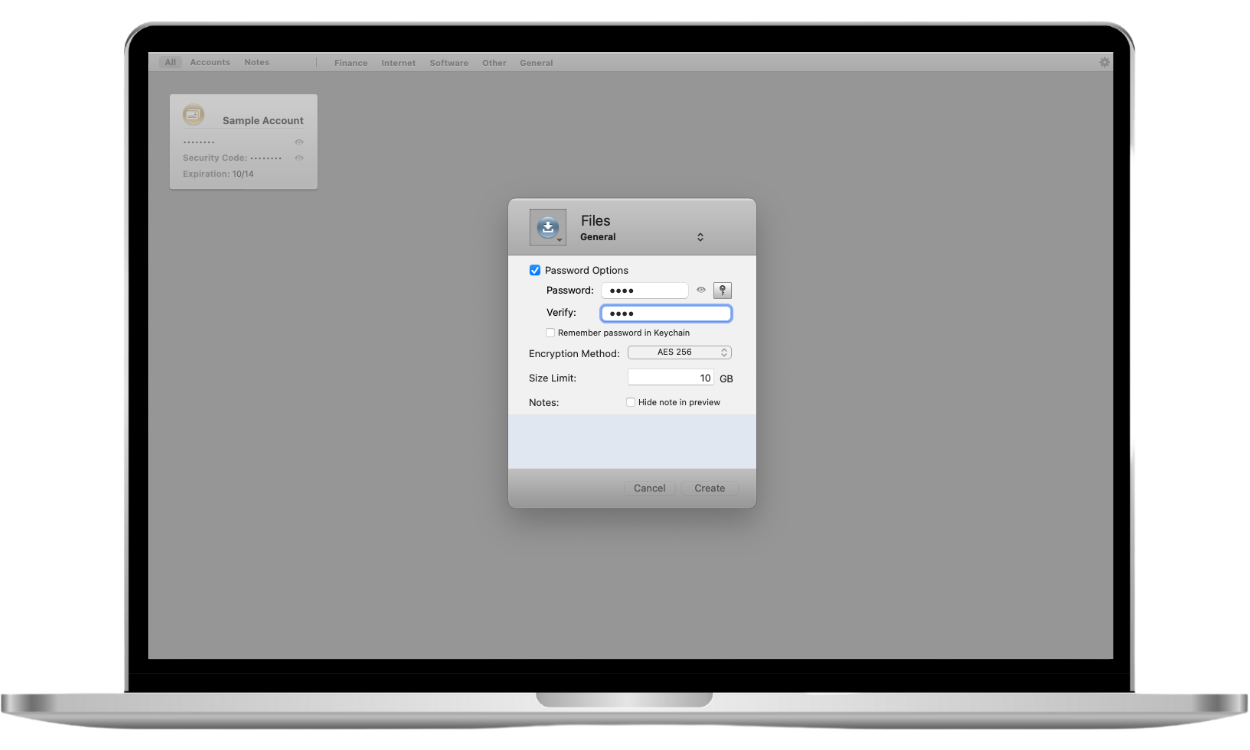 The Concealer app interface on a Mac showing the setup window for creating a virtual disk, where the user chooses disk size and configuration before creating a secure storage container. The Concealer app interface on a Mac showing the setup window for creating a virtual disk, where the user chooses disk size and configuration before creating a secure storage container.