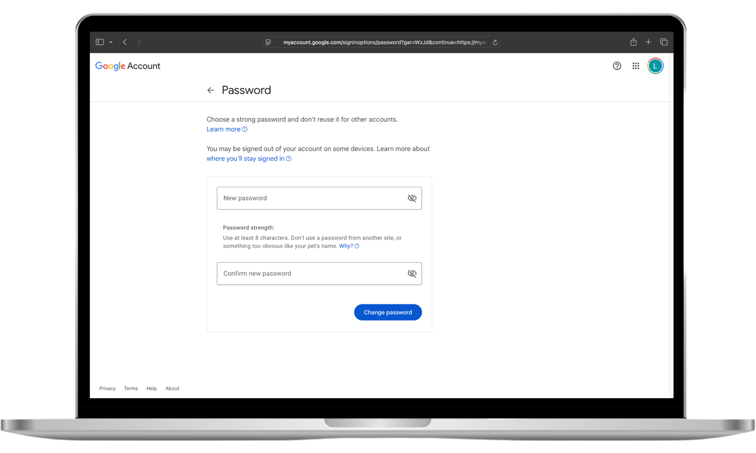 A Google Account password change screen, open on a Mac. To stop phone cloning, change your password if someone else knows it. A Google Account password change screen, open on a Mac. To stop phone cloning, change your password if someone else knows it.