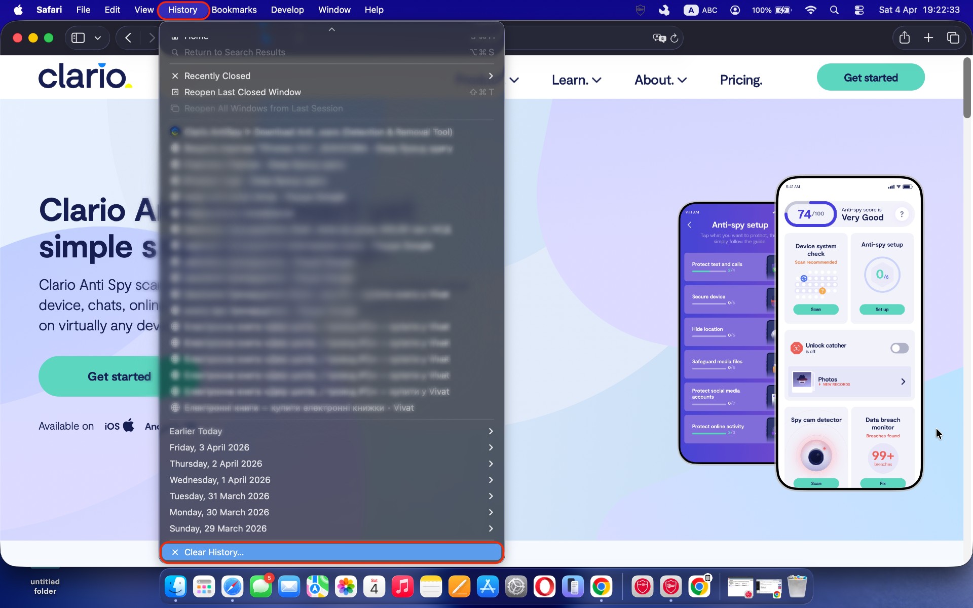 The Safari browser on a Mac displaying the Clear History dialog, where the user selects a time range and removes browsing history and cached data to eliminate traces of adware. The Safari browser on a Mac displaying the Clear History dialog, where the user selects a time range and removes browsing history and cached data to eliminate traces of adware.