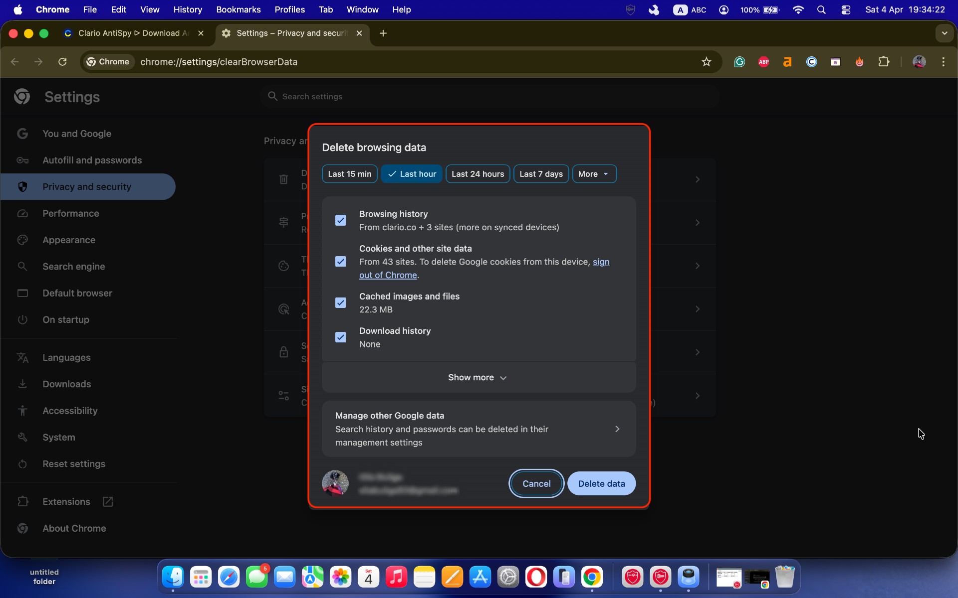 The Google Chrome settings on a Mac displaying the Clear browsing data window, where the user selects data types and removes history and cached files to eliminate traces of adware. The Google Chrome settings on a Mac displaying the Clear browsing data window, where the user selects data types and removes history and cached files to eliminate traces of adware.