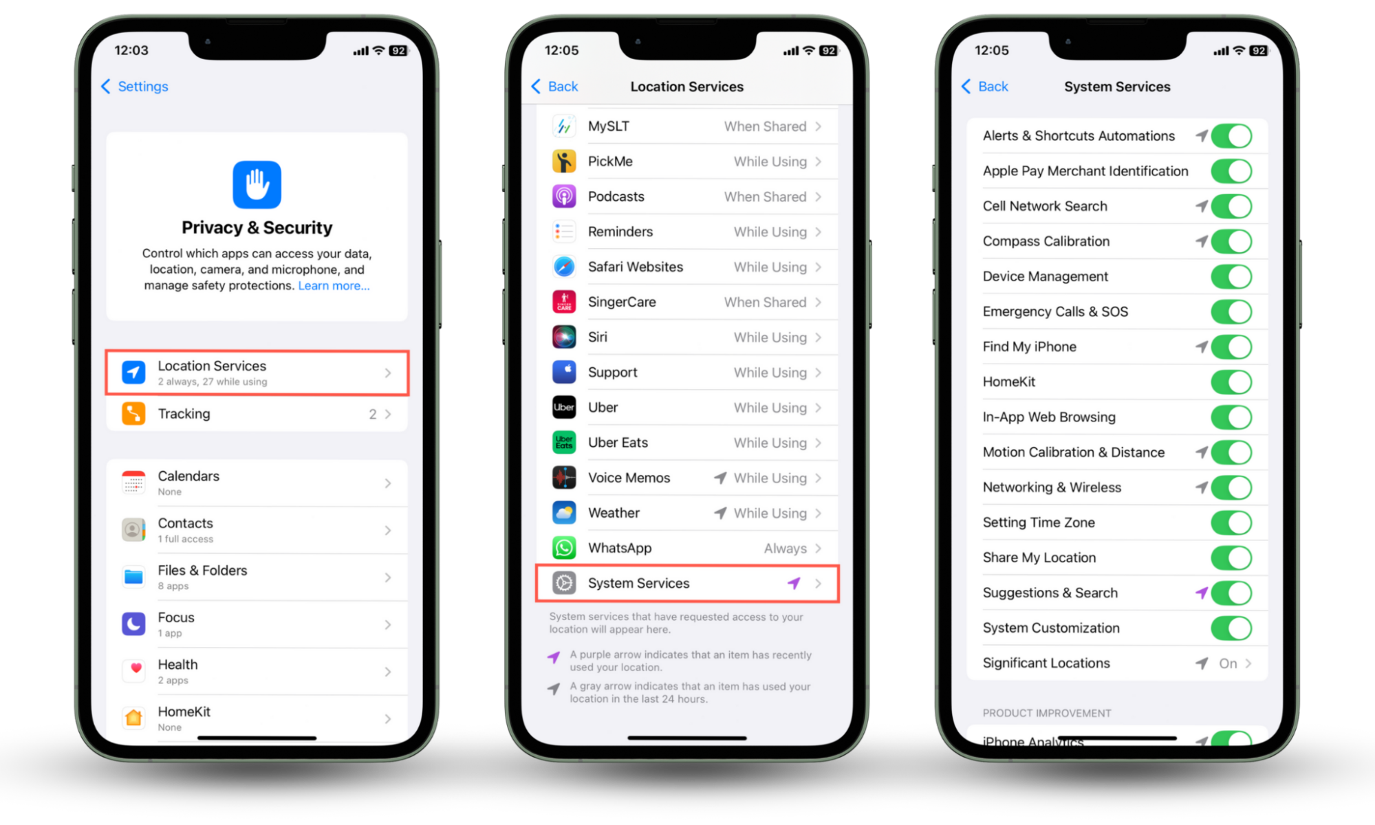 These Settings app screenshots show how to manage location access for system services if you see the blue location icon on iPhone. These Settings app screenshots show how to manage location access for system services if you see the blue location icon on iPhone.