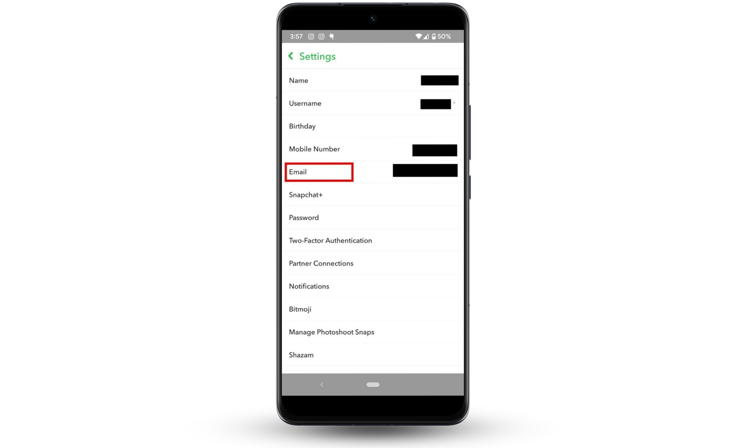 Screenshot of Snapchat mobile app settings screen to show where to verify email address Screenshot of Snapchat mobile app settings screen to show where to verify email address