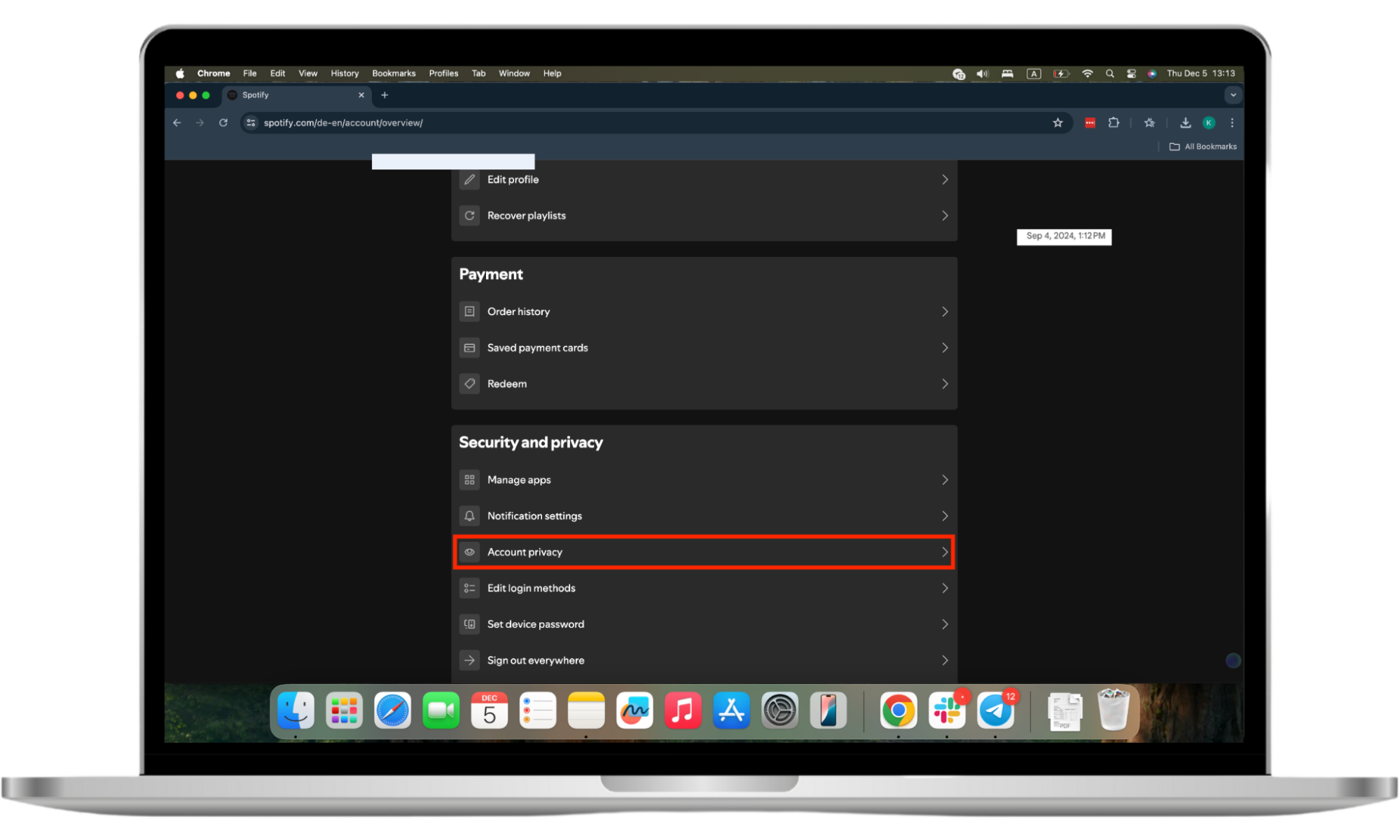 Spotify’s Security and privacy settings in Safari web browser on a MacBook laptop. Click on Account Privacy to turn off Facebook data if Spotify spies on you. Spotify’s Security and privacy settings in Safari web browser on a MacBook laptop. Click on Account Privacy to turn off Facebook data if Spotify spies on you.
