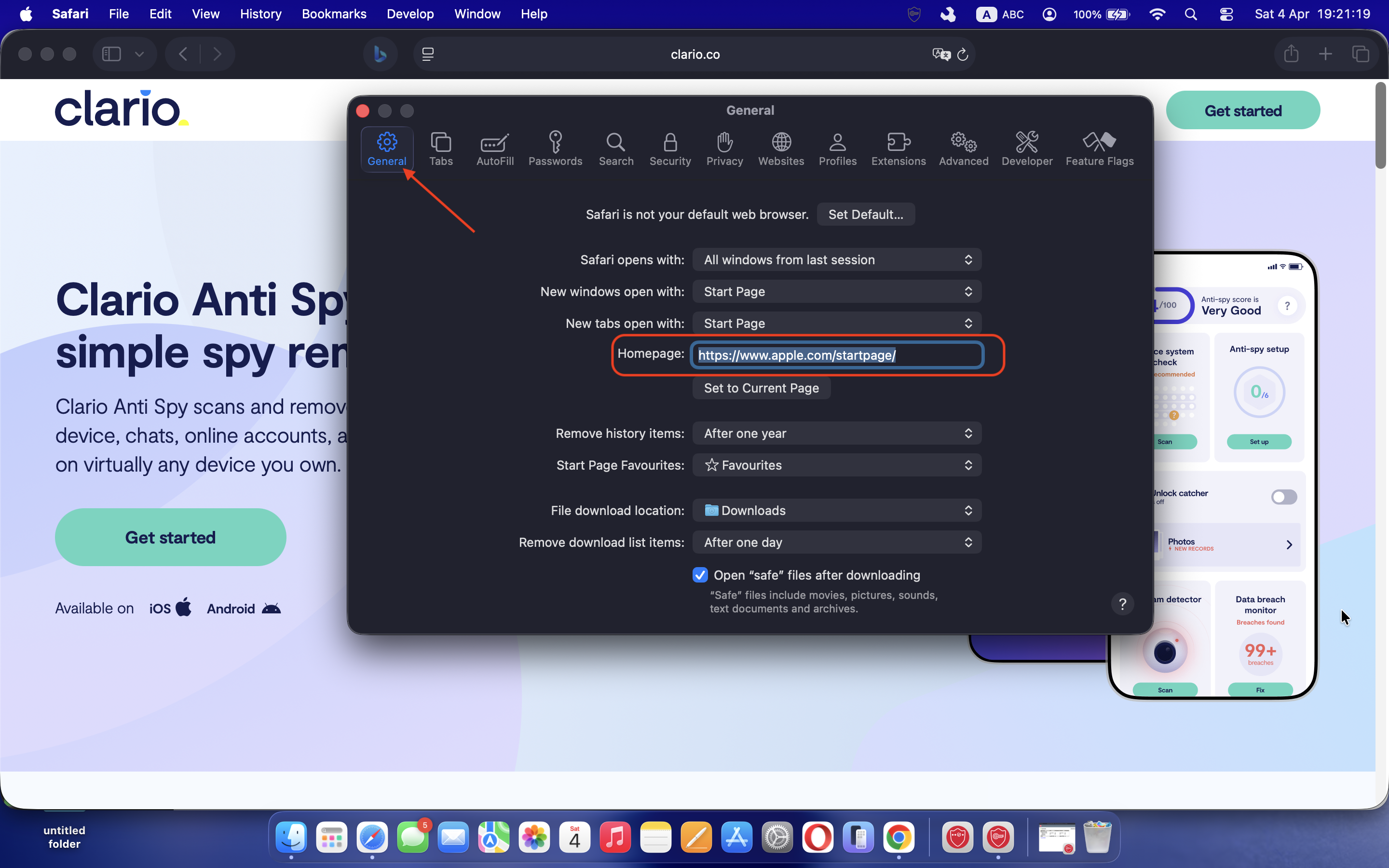 The Safari settings window on a Mac showing the homepage field, where the user updates the homepage to a trusted website to remove unwanted adware changes. The Safari settings window on a Mac showing the homepage field, where the user updates the homepage to a trusted website to remove unwanted adware changes.