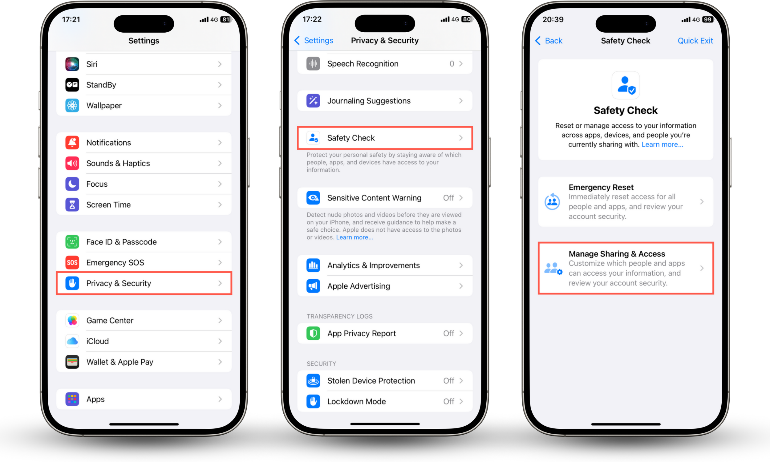 These iOS screenshots show how to run a safety check on your iPhone if you're worried about husband's phone being connected to yours.
