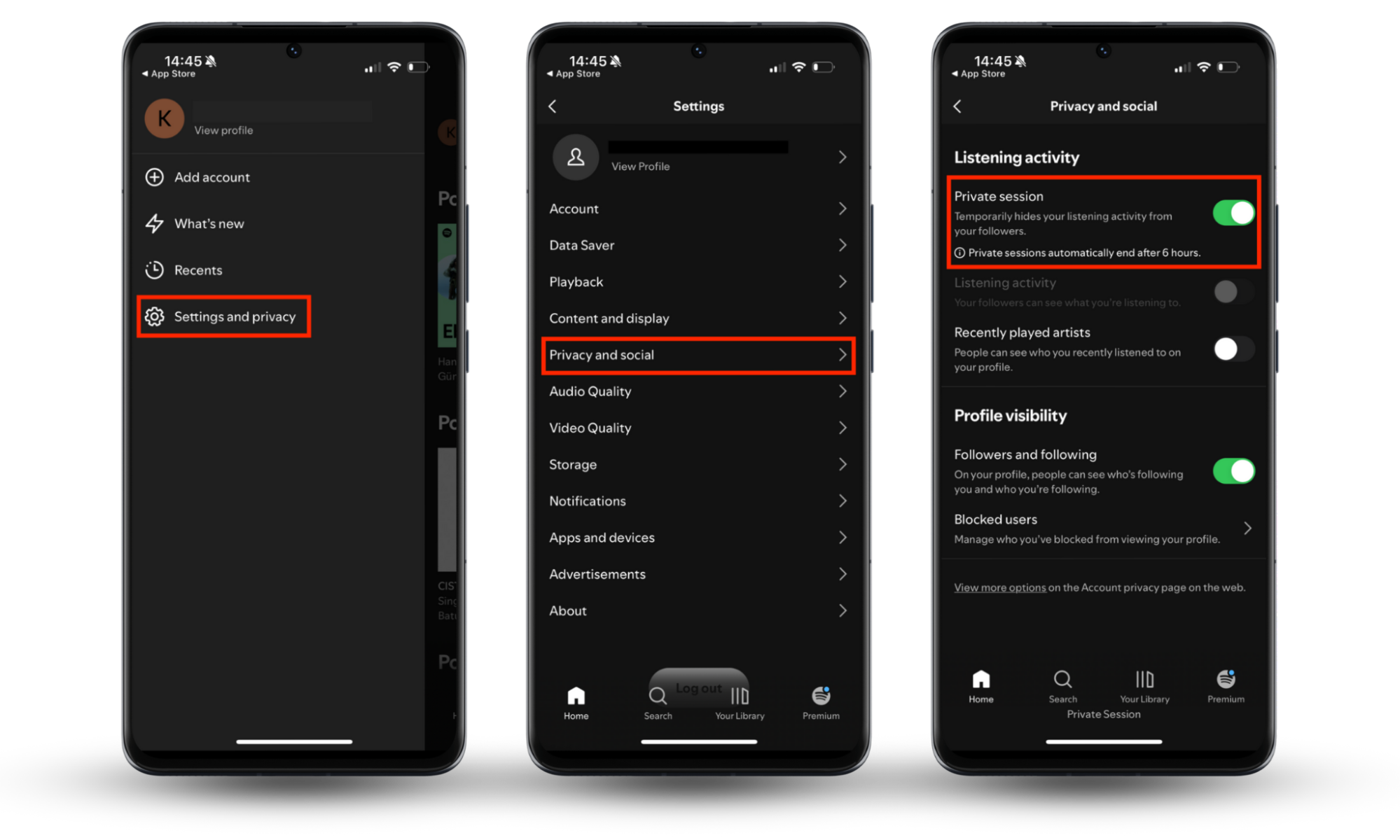 Spotify’s Privacy and social settings page appears in the mobile app. Toggle on Private session to use the private listening feature and prevent Spotify spying on you. Spotify’s Privacy and social settings page appears in the mobile app. Toggle on Private session to use the private listening feature and prevent Spotify spying on you.