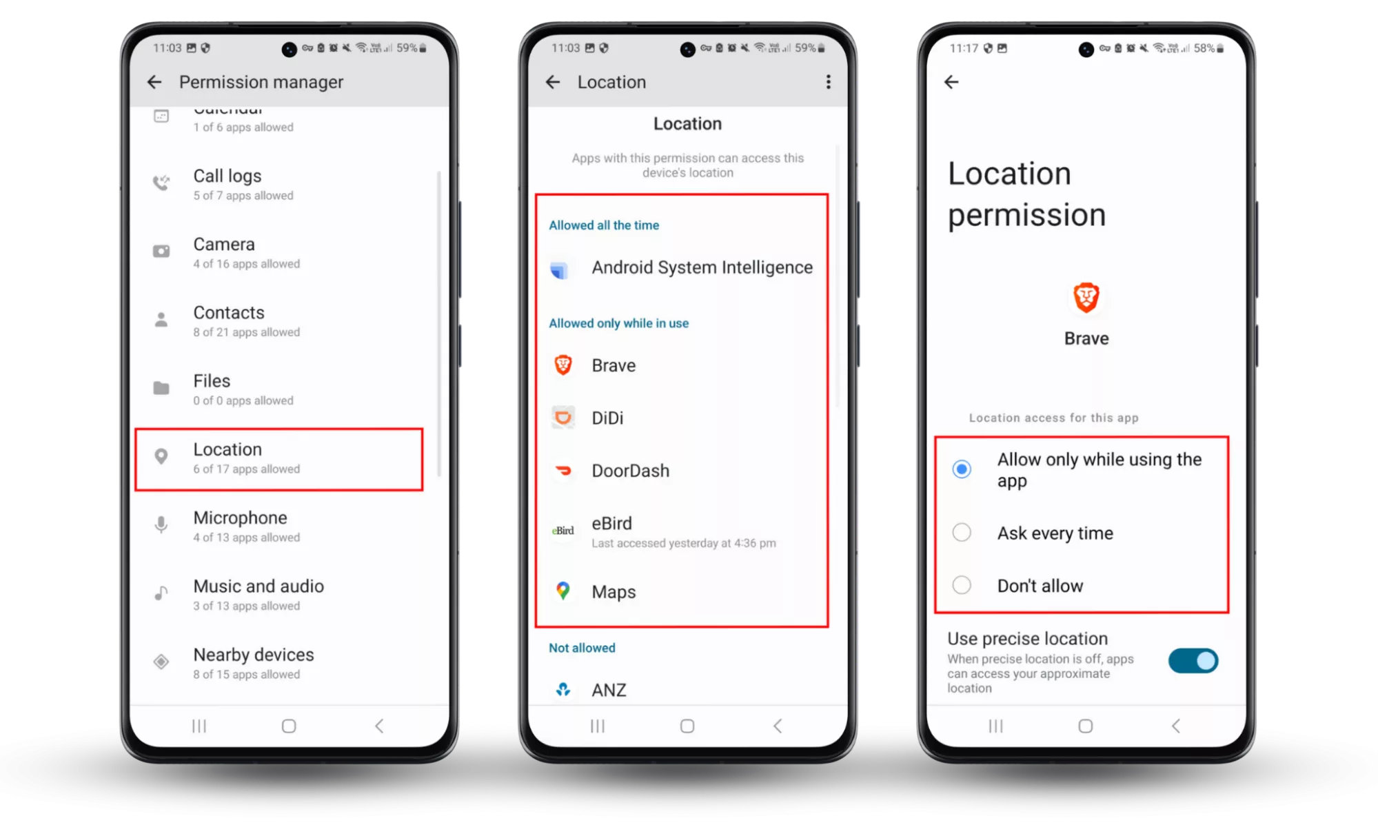 Android Permission Manager showing Location settings where you can change app access to Ask every time or Don’t allow, helping pause your location on Life360 without it showing. Android Permission Manager showing Location settings where you can change app access to Ask every time or Don’t allow, helping pause your location on Life360 without it showing.