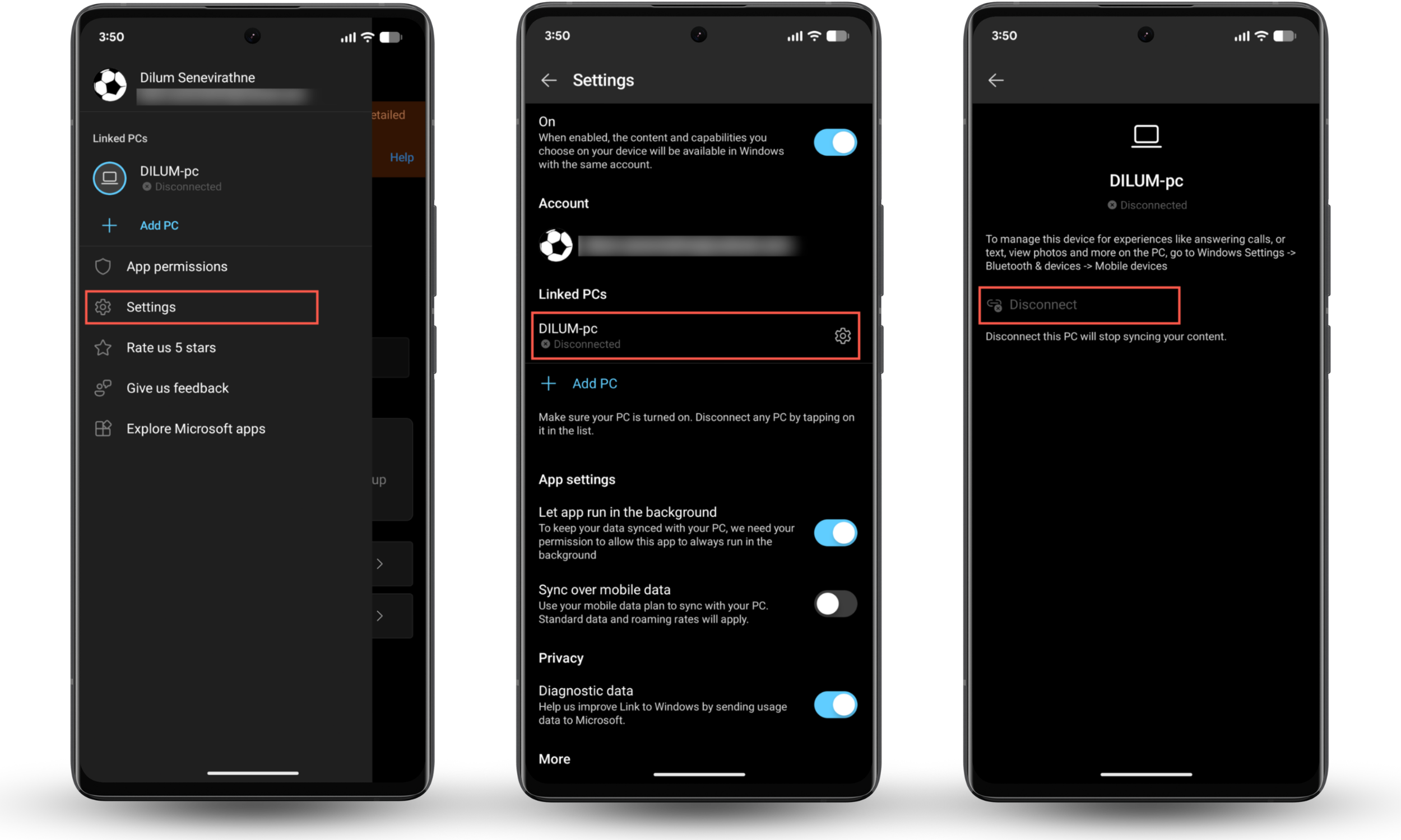 These screenshots show how to check the Link to Windows app for connected PCs if you have concerns about your phone linking to your computer.