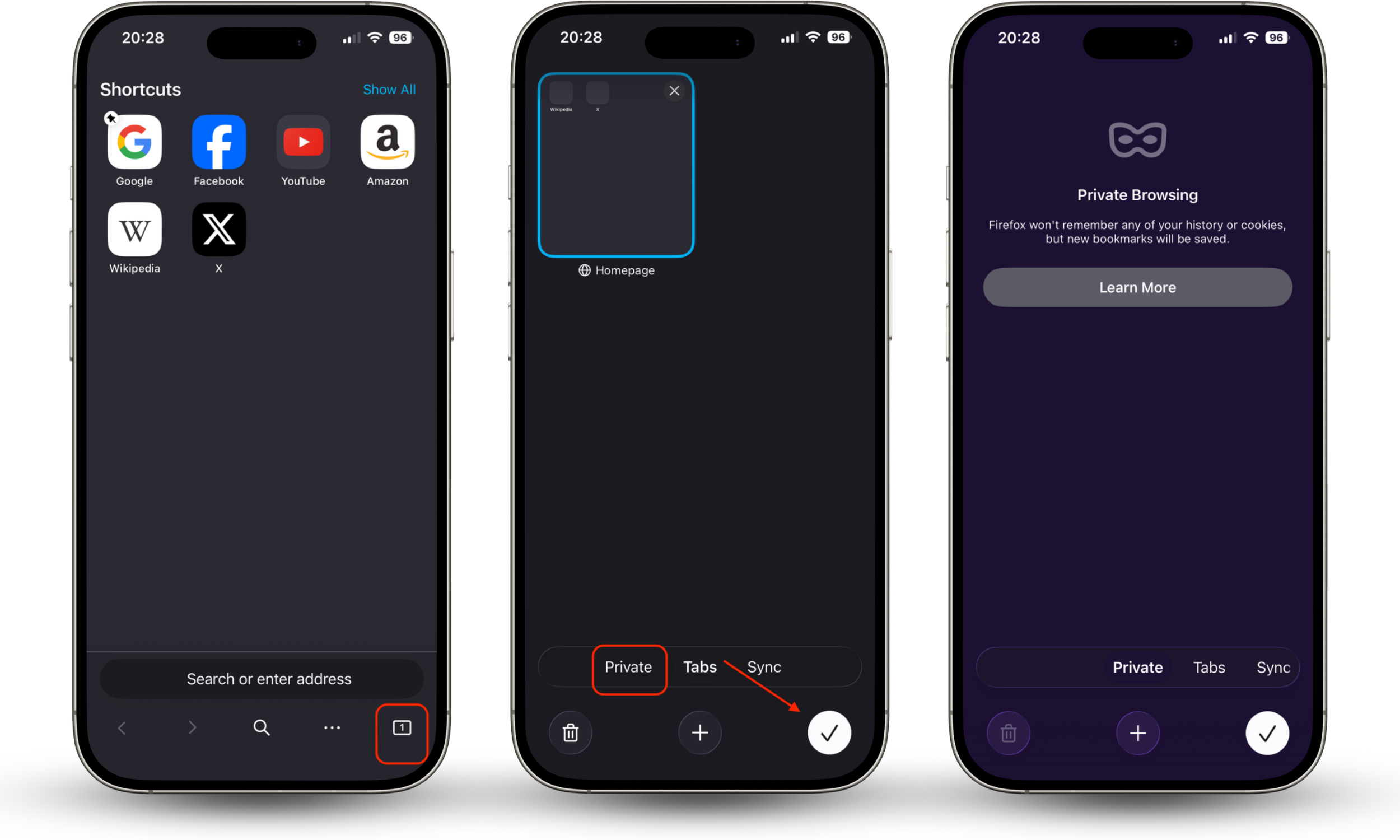 Firefox mobile interface showing tab menu with private browsing mask icon selected and plus button to open a private tab. Firefox mobile interface showing tab menu with private browsing mask icon selected and plus button to open a private tab.