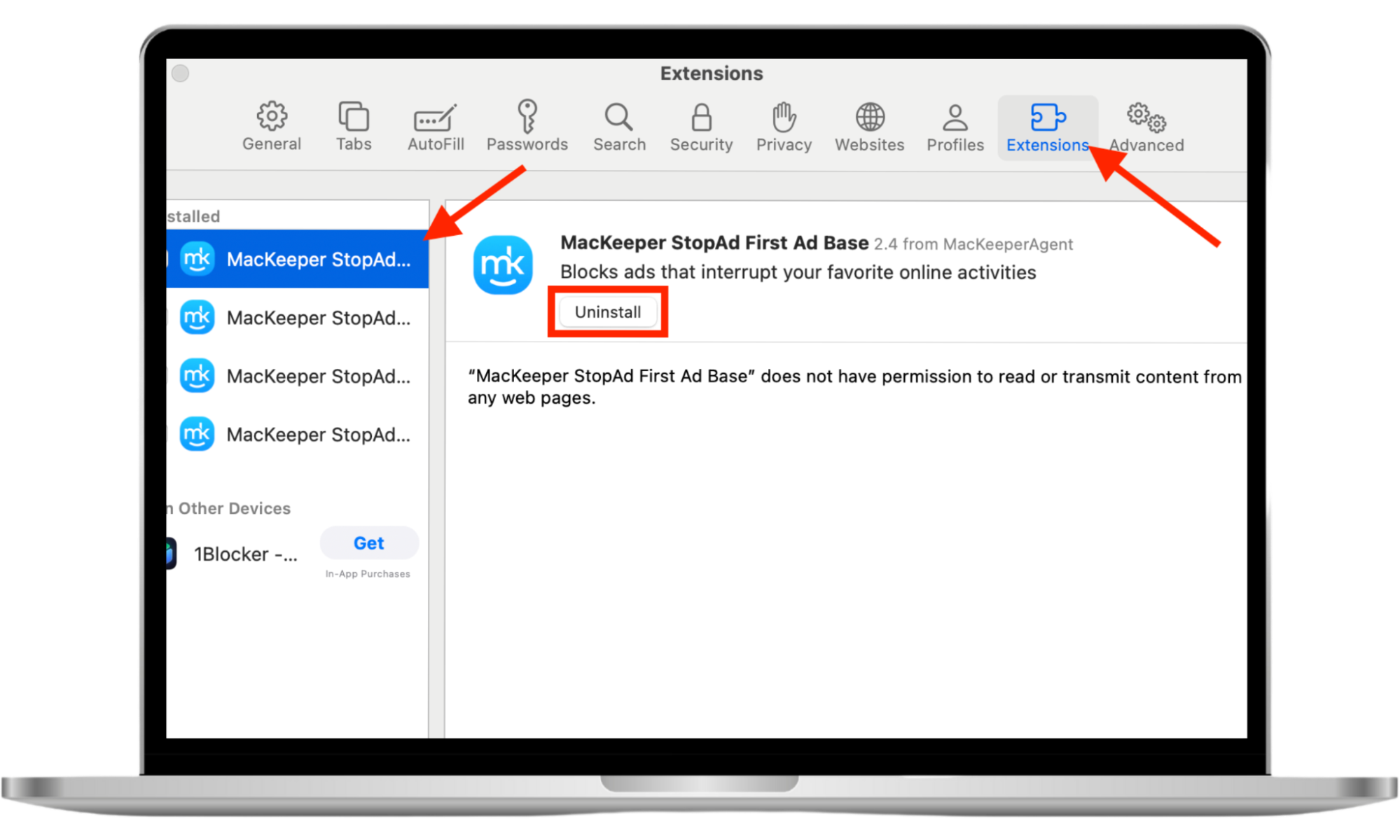 The Extensions tab in the Safari settings menu on Mac. Select and remove unrecognized and unused extensions when you suspect your computer has been infected by Look2Me spyware. The Extensions tab in the Safari settings menu on Mac. Select and remove unrecognized and unused extensions when you suspect your computer has been infected by Look2Me spyware.