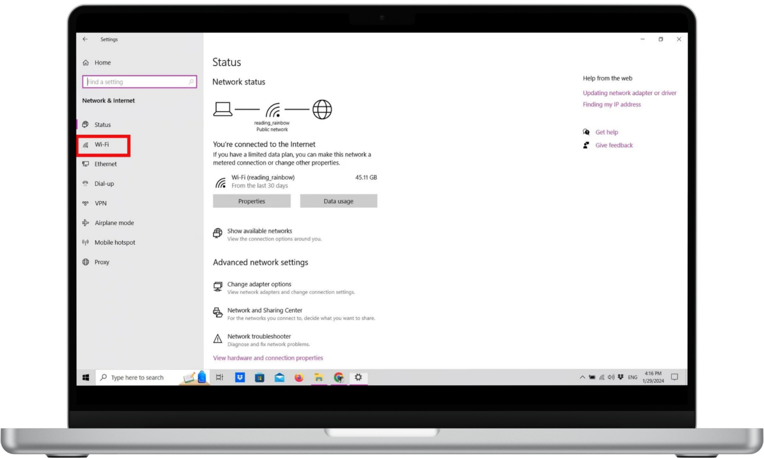 Network & Internet settings in Settings Network & Internet settings in Settings
