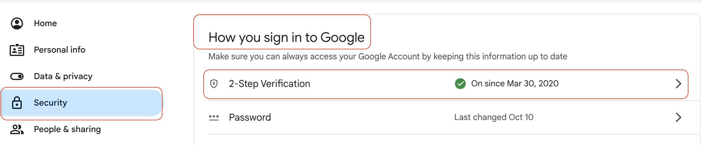 Google Account Security settings dashboard showing the 2-Step Verification option under the 'How you sign in to Google' section.