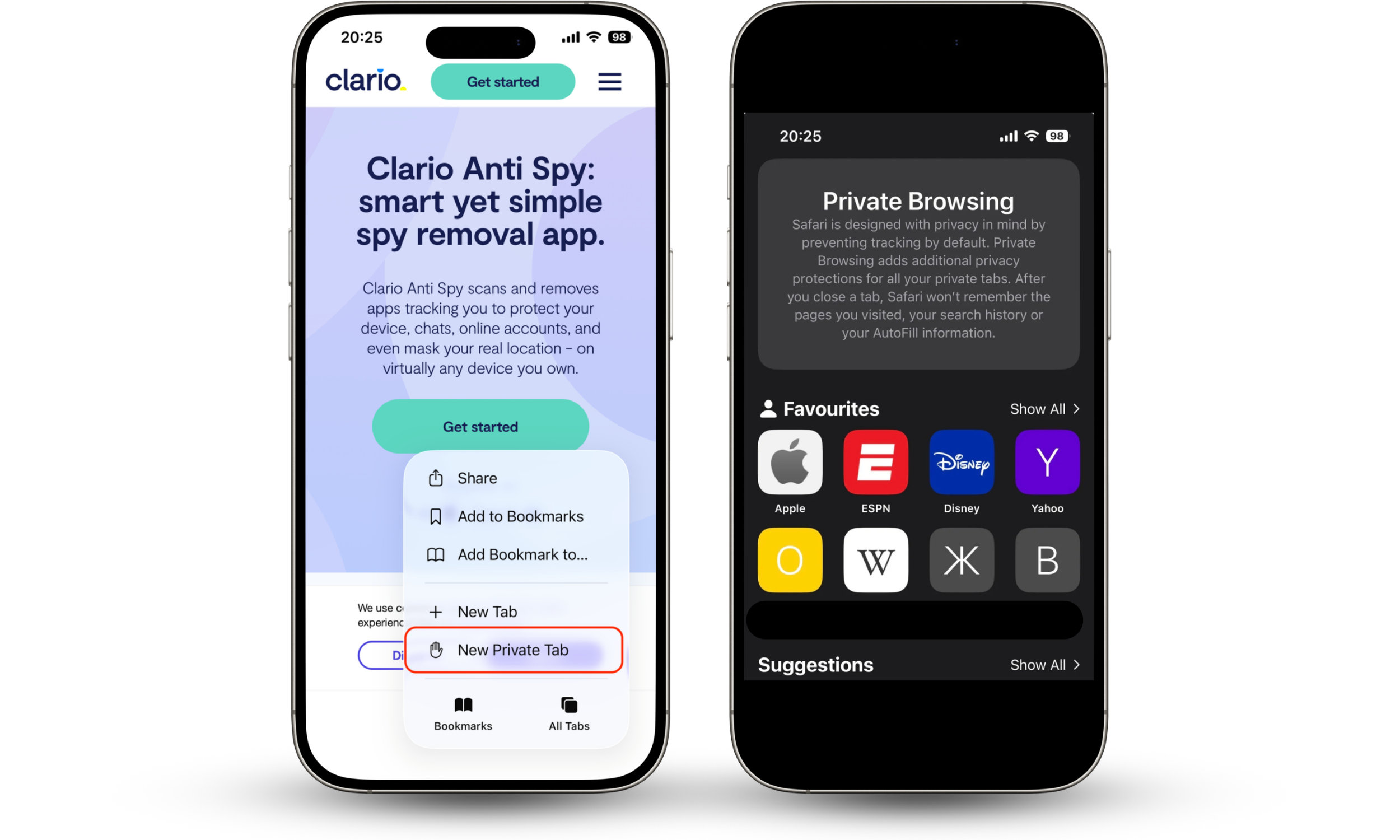 Safari on iPhone showing Private browsing option selected from new page screen. Safari on iPhone showing Private browsing option selected from new page screen.