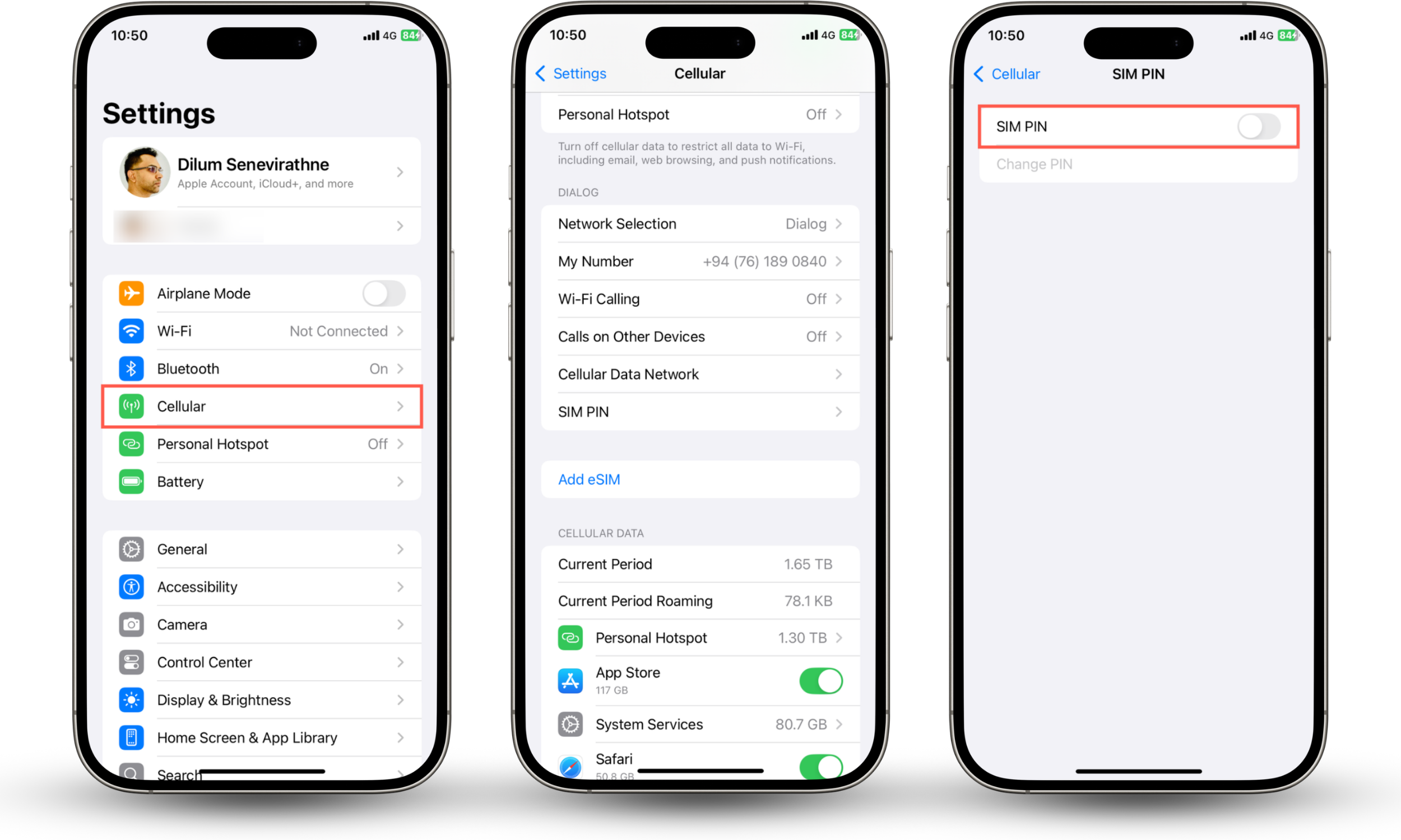 These iOS Settings app screenshots show how to set up a new PIN for your SIM card as part of your iPhone theft prevention plan.
