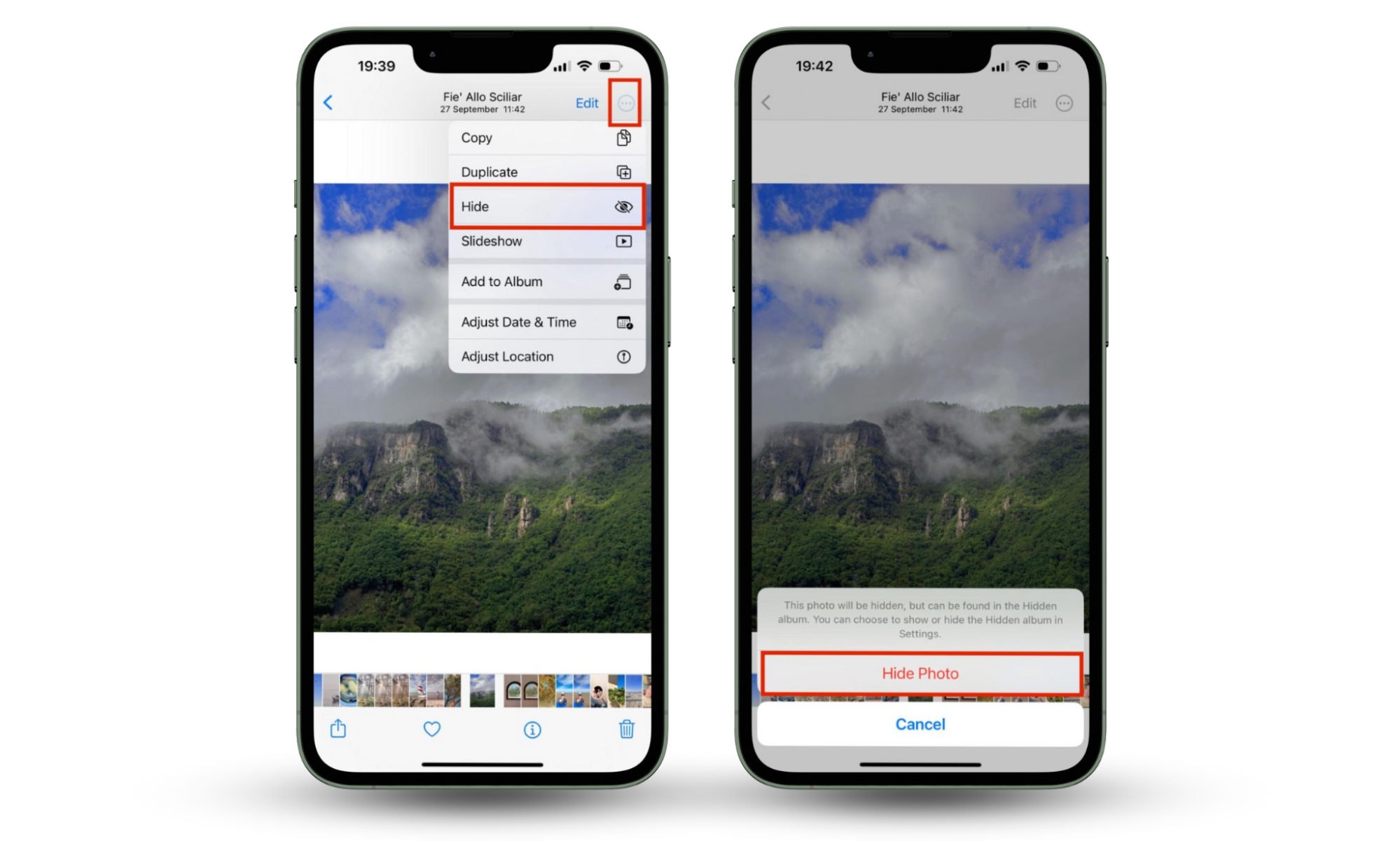 Photo open in iPhone Photo app with a three-dot menu open and Hide feature highlighted. Hide photos on iPhone to keep your privacy intact. Photo open in iPhone Photo app with a three-dot menu open and Hide feature highlighted. Hide photos on iPhone to keep your privacy intact.