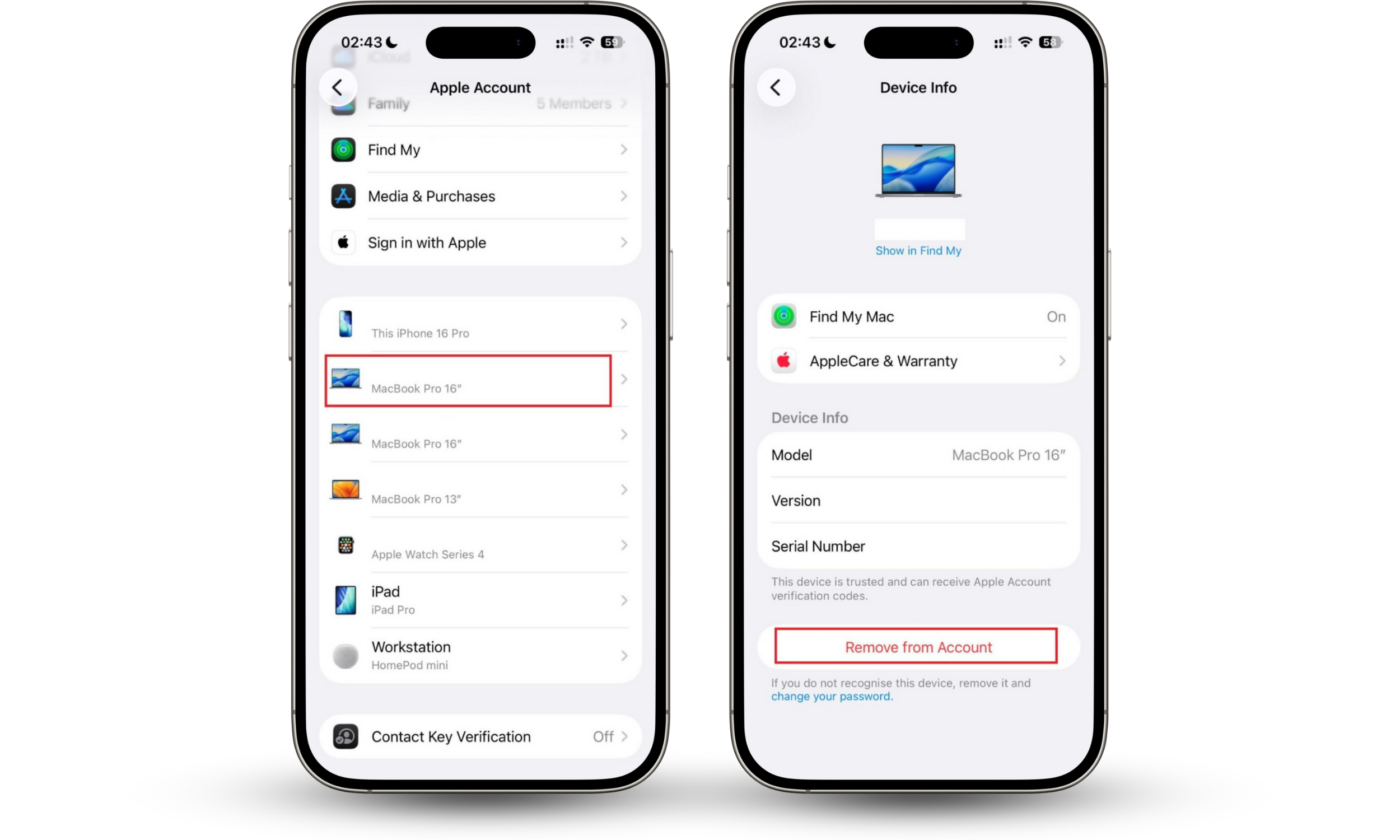 iPhone Settings showing Apple Account device list with a Remove from Account option to stop contacts syncing on another phone.