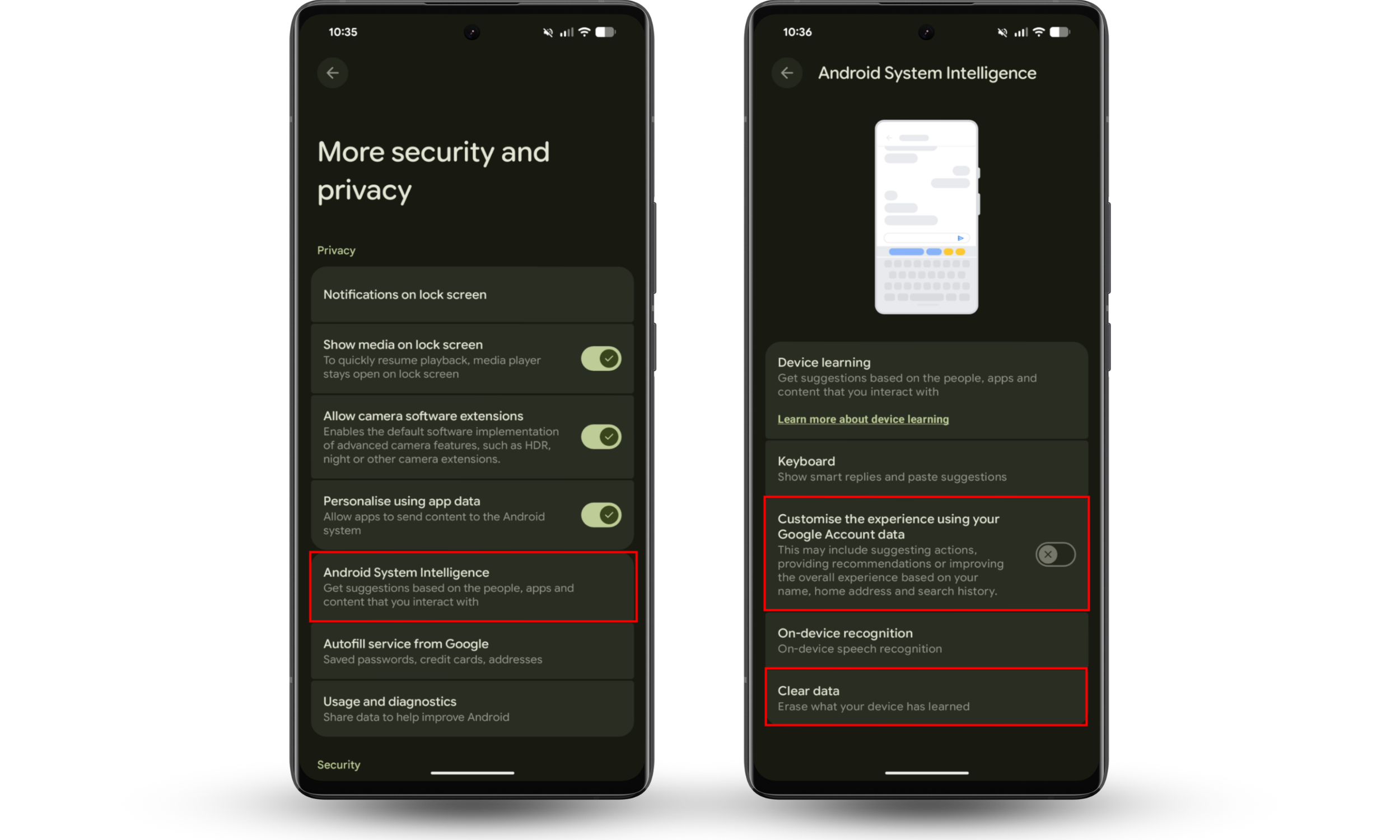 To clear Android System Intelligence spyware data, go to More security and privacy then select Android System Intelligence and tap Clear data.