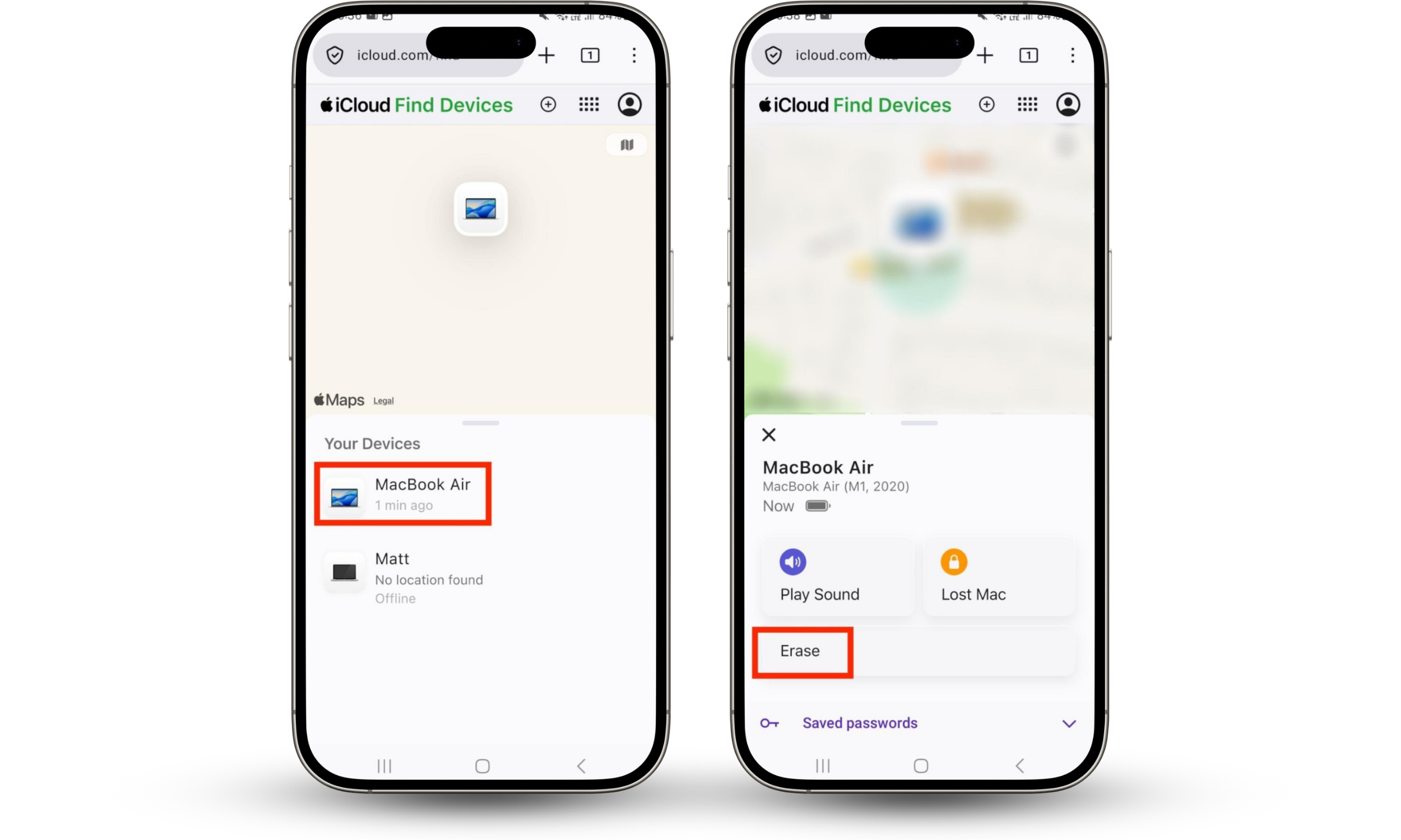 iCloud Find Devices open in Firefox on an Android device. Select the relevant device and tap Erase.