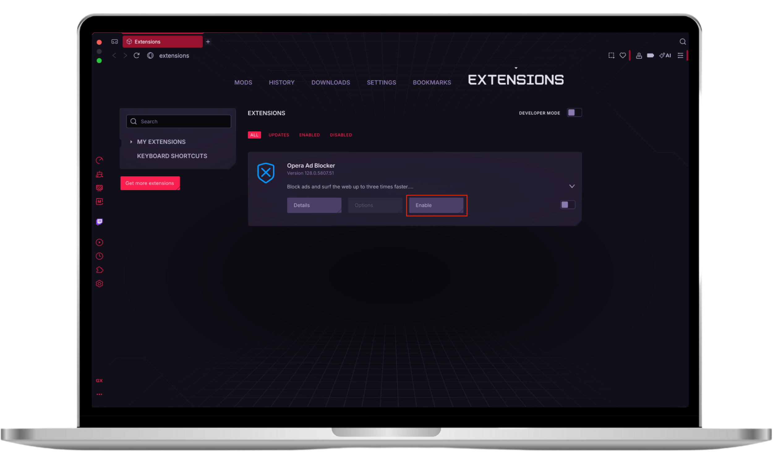 The extensions page on Opera GX gaming browser, showing how to enable Opera Ad Blocker.