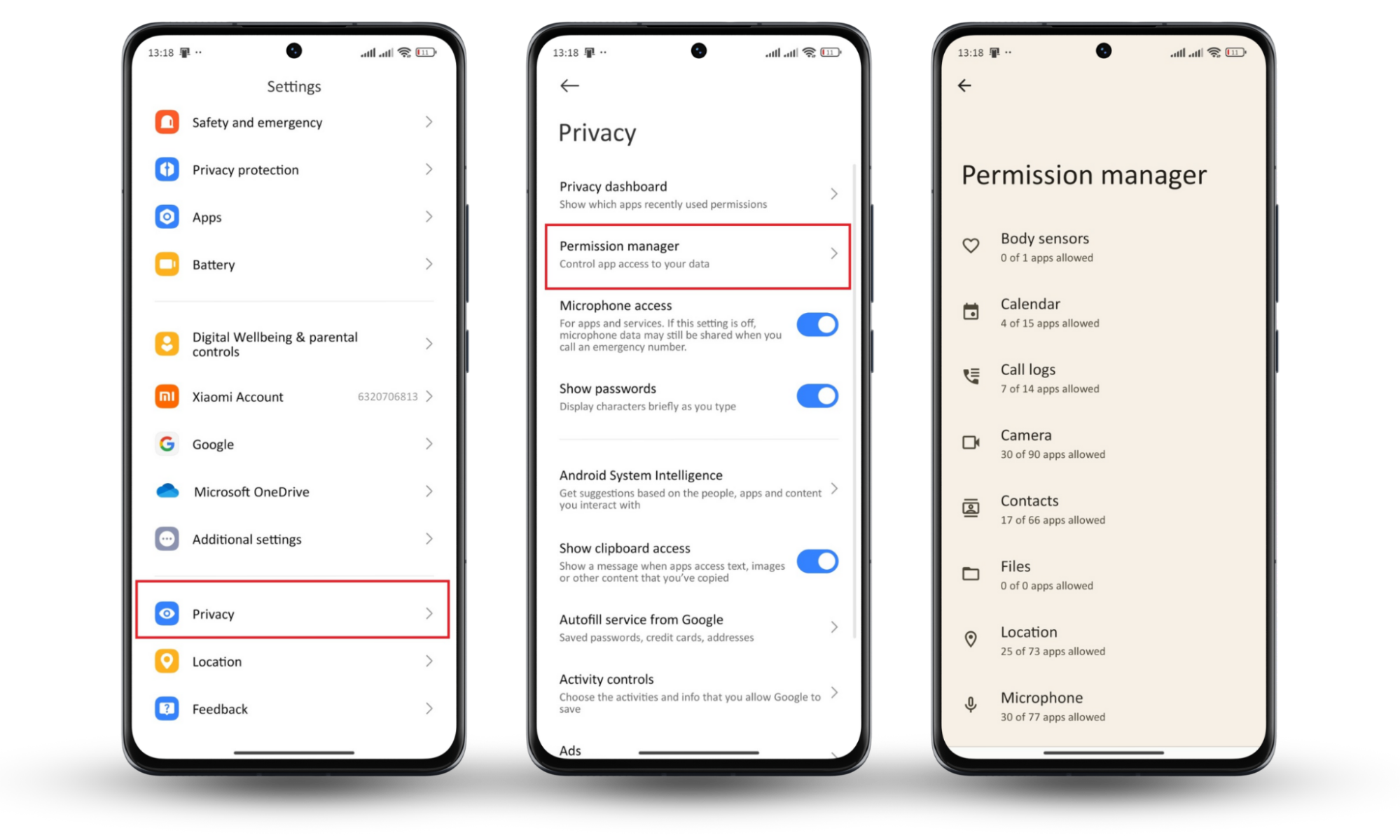 Android Privacy settings showing steps to open Permission manager and view app permissions to find hidden spy apps on android Android Privacy settings showing steps to open Permission manager and view app permissions to find hidden spy apps on android