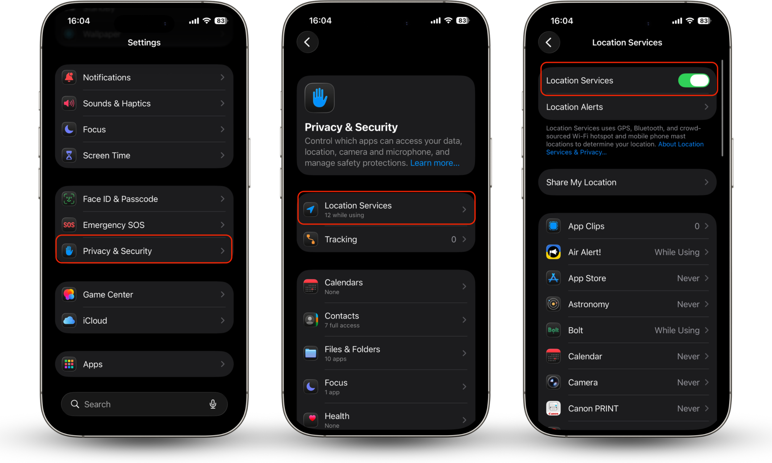 Location Services enabled on iPhone in Settings > Privacy & Security > Location Services with main toggle switched ON for AirTag setup.