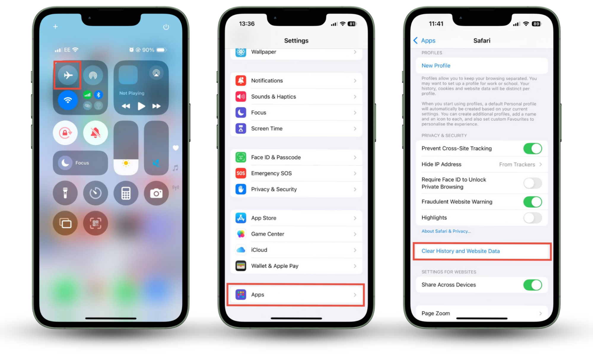 Instructions to tun on Airplane Mode and delete website data from Safari on an iPhone. If you see an Apple security breach message on iPhone, clear website data. Instructions to tun on Airplane Mode and delete website data from Safari on an iPhone. If you see an Apple security breach message on iPhone, clear website data.