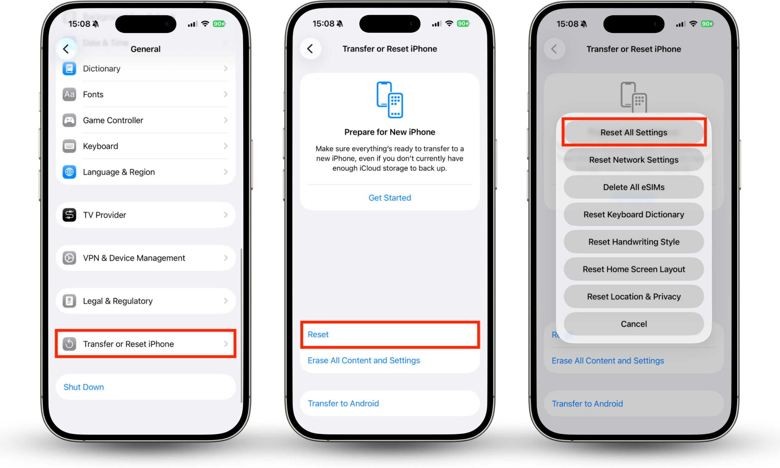 The option to Reset All Settings inside the Settings app on iPhone. If you forgot your encrypted backup password and need to create a new one, choose the Reset All Settings option.