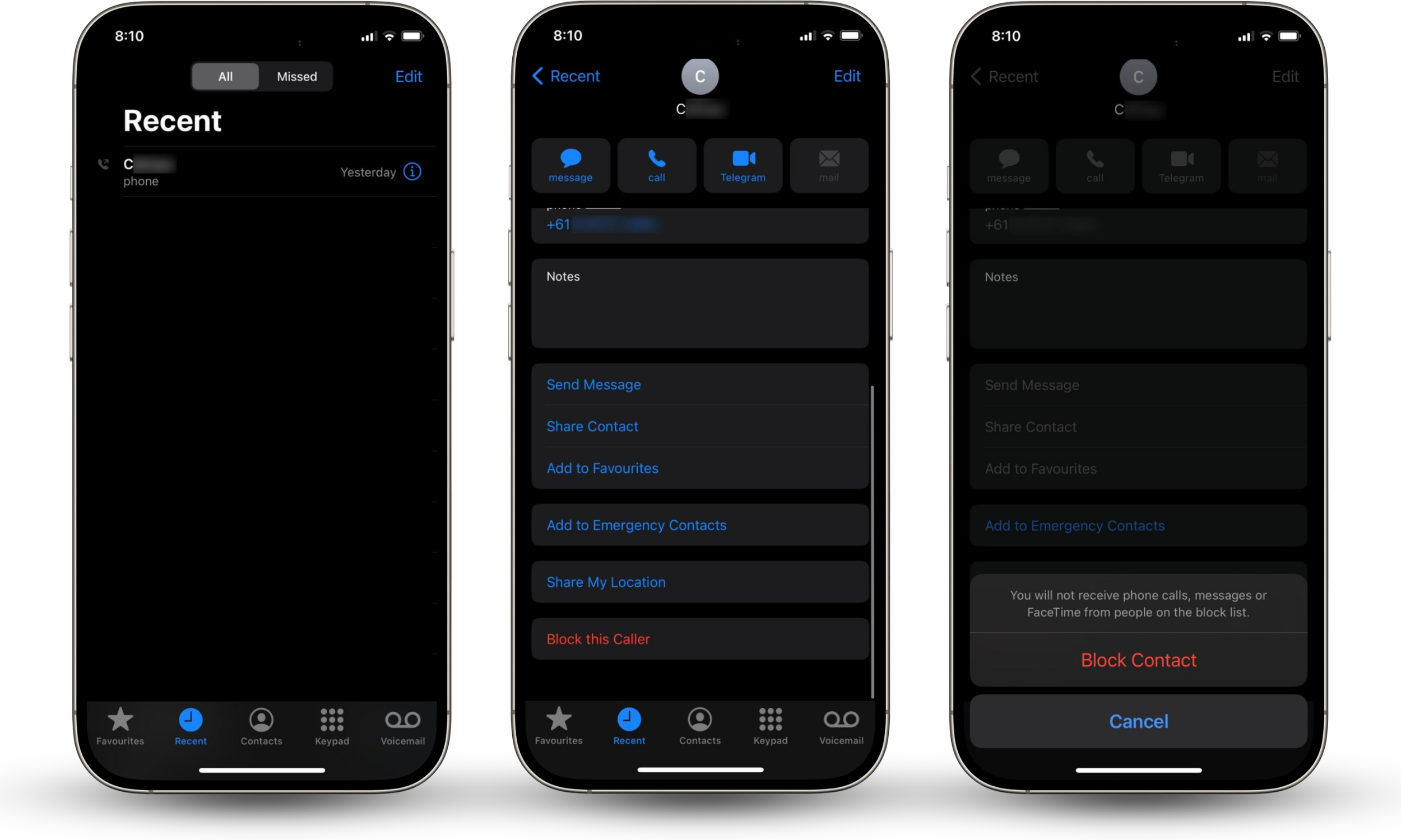 iPhone steps to block a phone number showing Recents tab, caller info screen, Block this Caller option, and confirmation pop-up iPhone steps to block a phone number showing Recents tab, caller info screen, Block this Caller option, and confirmation pop-up