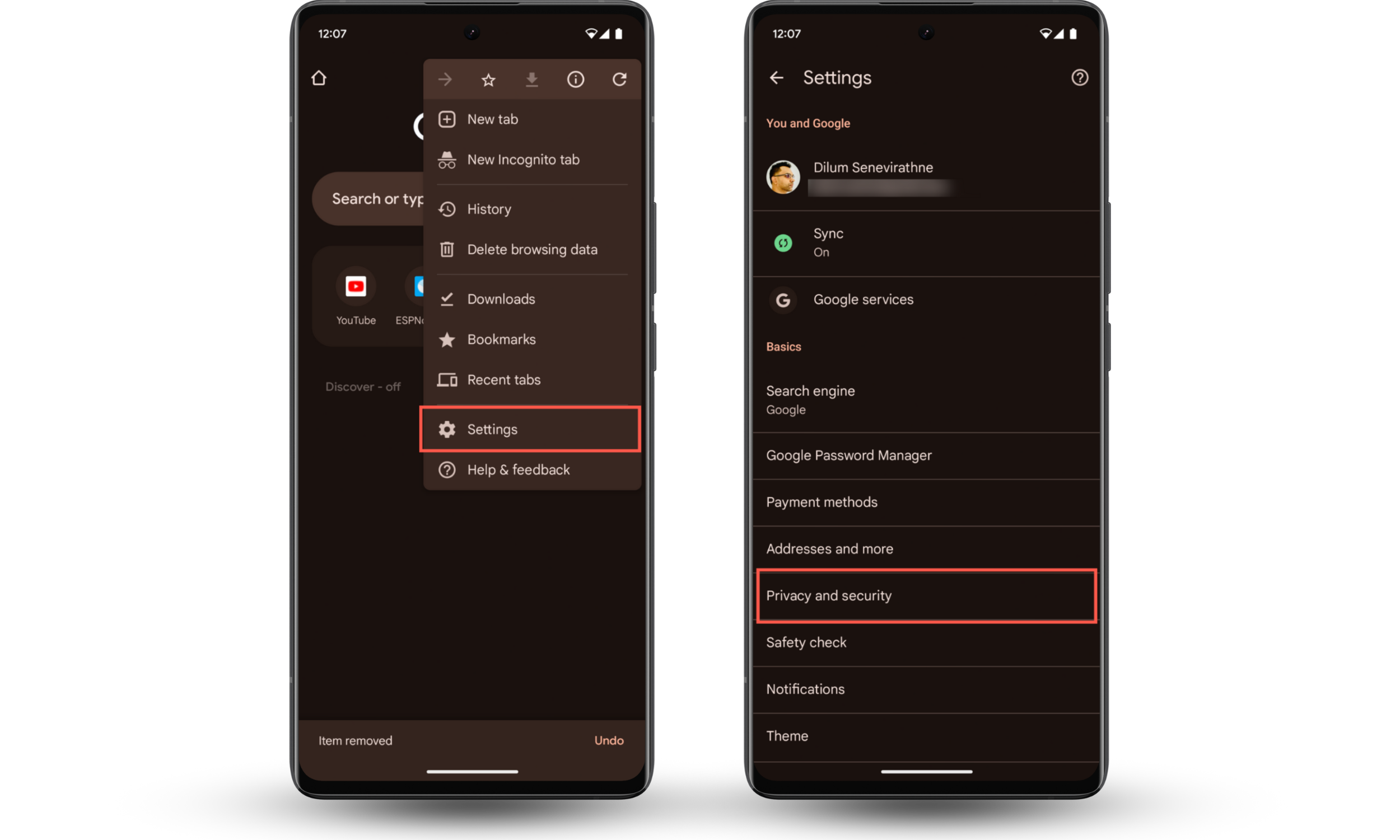 These Chrome screenshots show how to visit the Privacy and security settings screen so that you can delete cookies on your Android. These Chrome screenshots show how to visit the Privacy and security settings screen so that you can delete cookies on your Android.