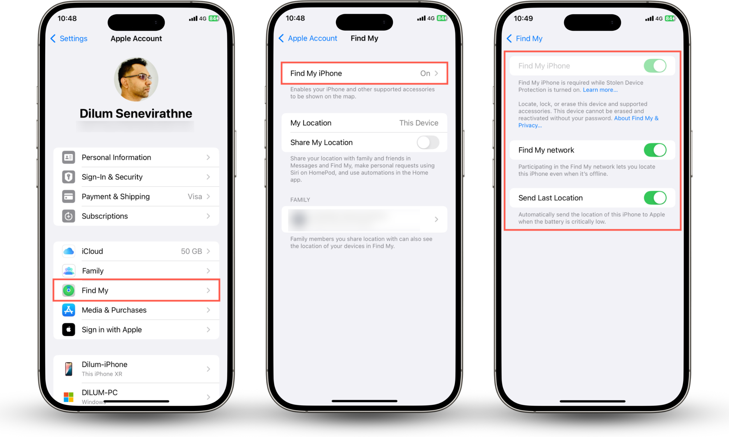 These iOS Settings app screenshots show how to make sure that Find My features are enabled as part of your iPhone theft prevention plan.