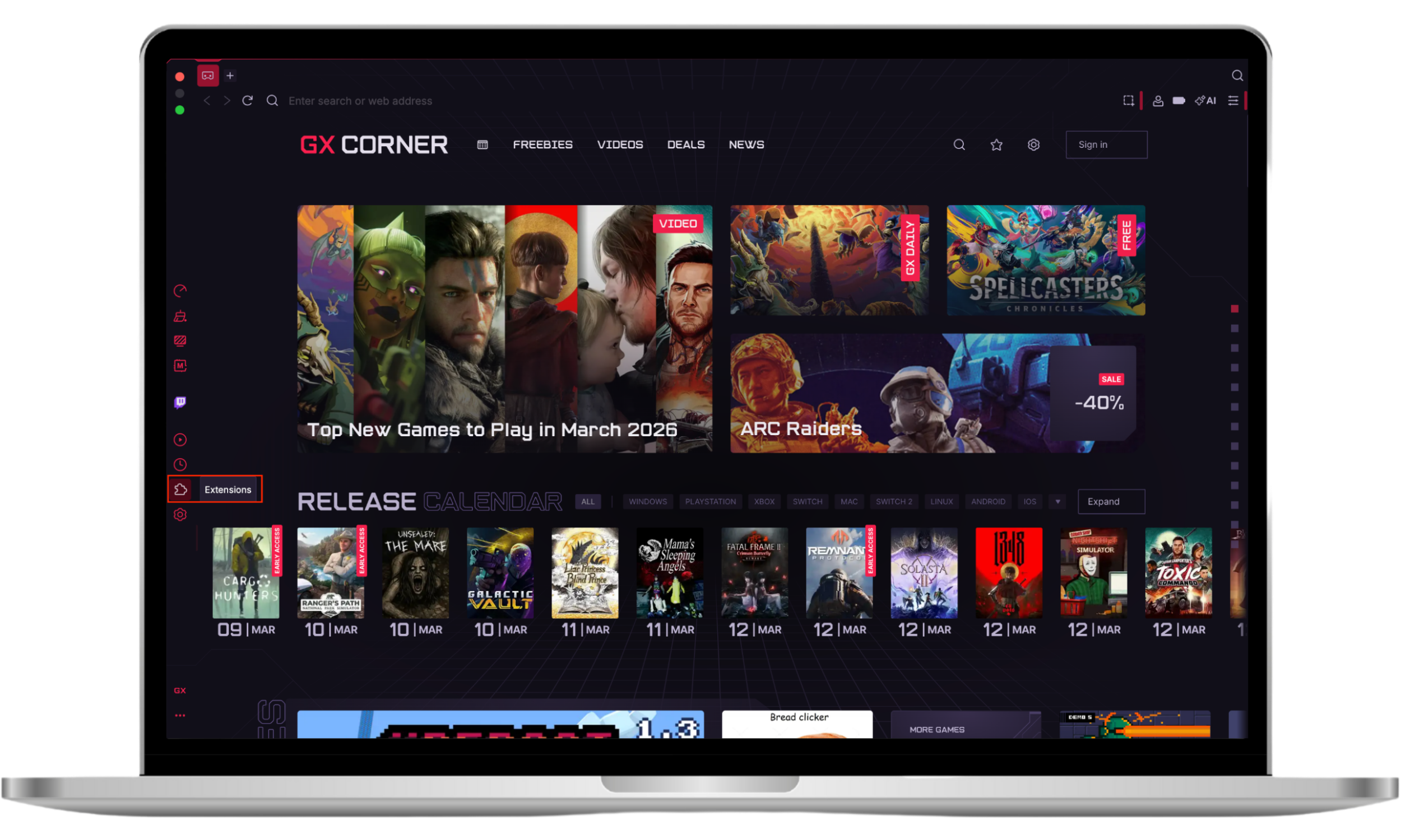 The Opera GX browser, with the Extensions tab highlighted in the sidebar.