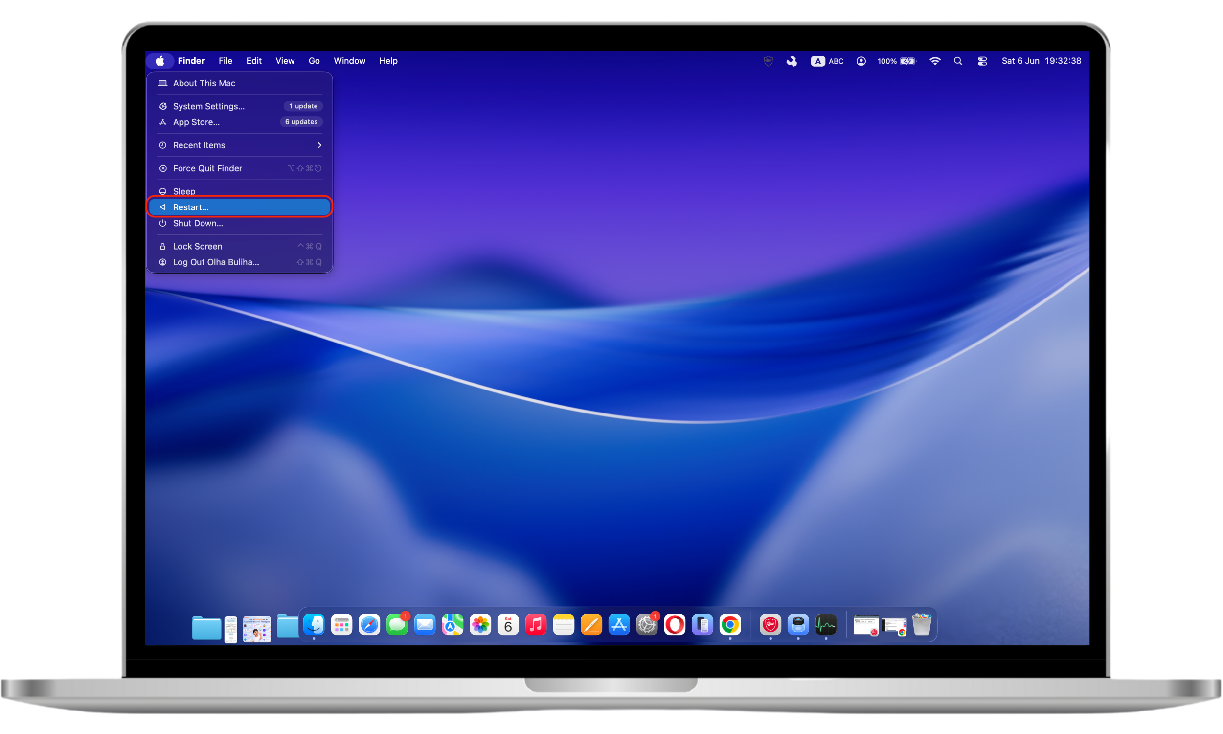 The Apple menu on a Mac displays the Restart option, allowing users to reboot the system and refresh running processes.