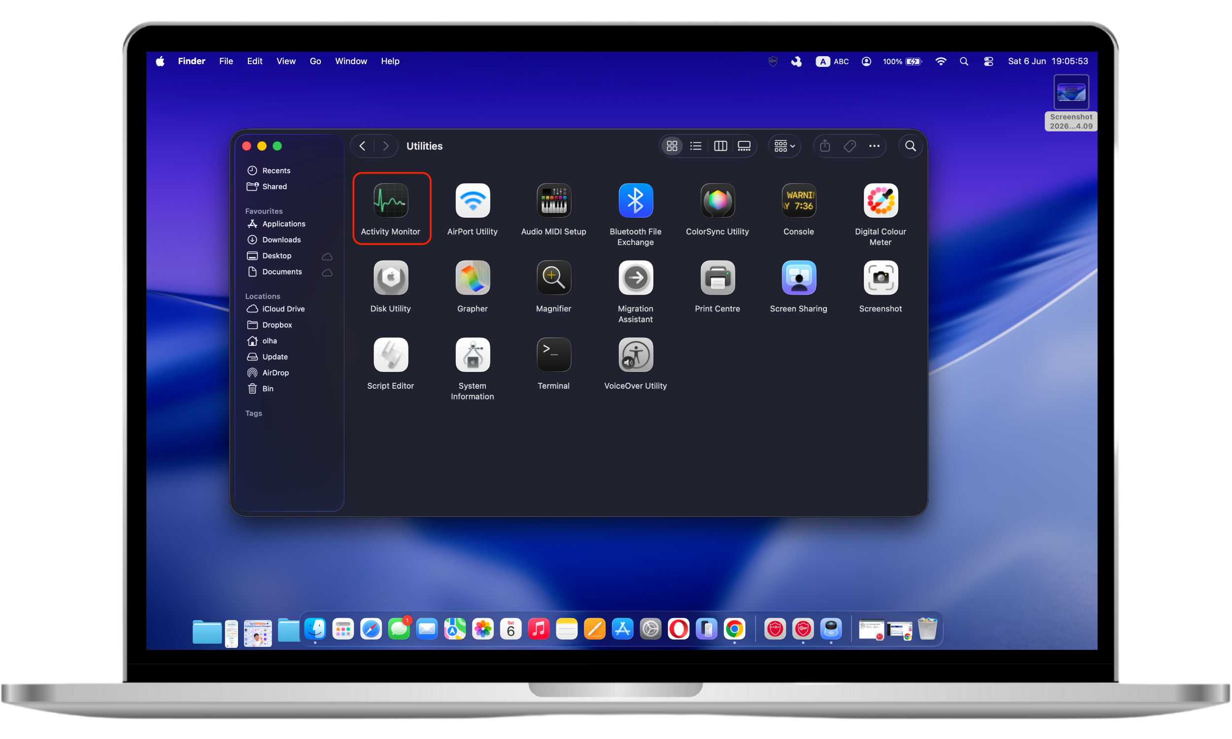 A Finder window on a Mac displays Activity Monitor in the search results, providing another way to access the system performance monitoring tool.