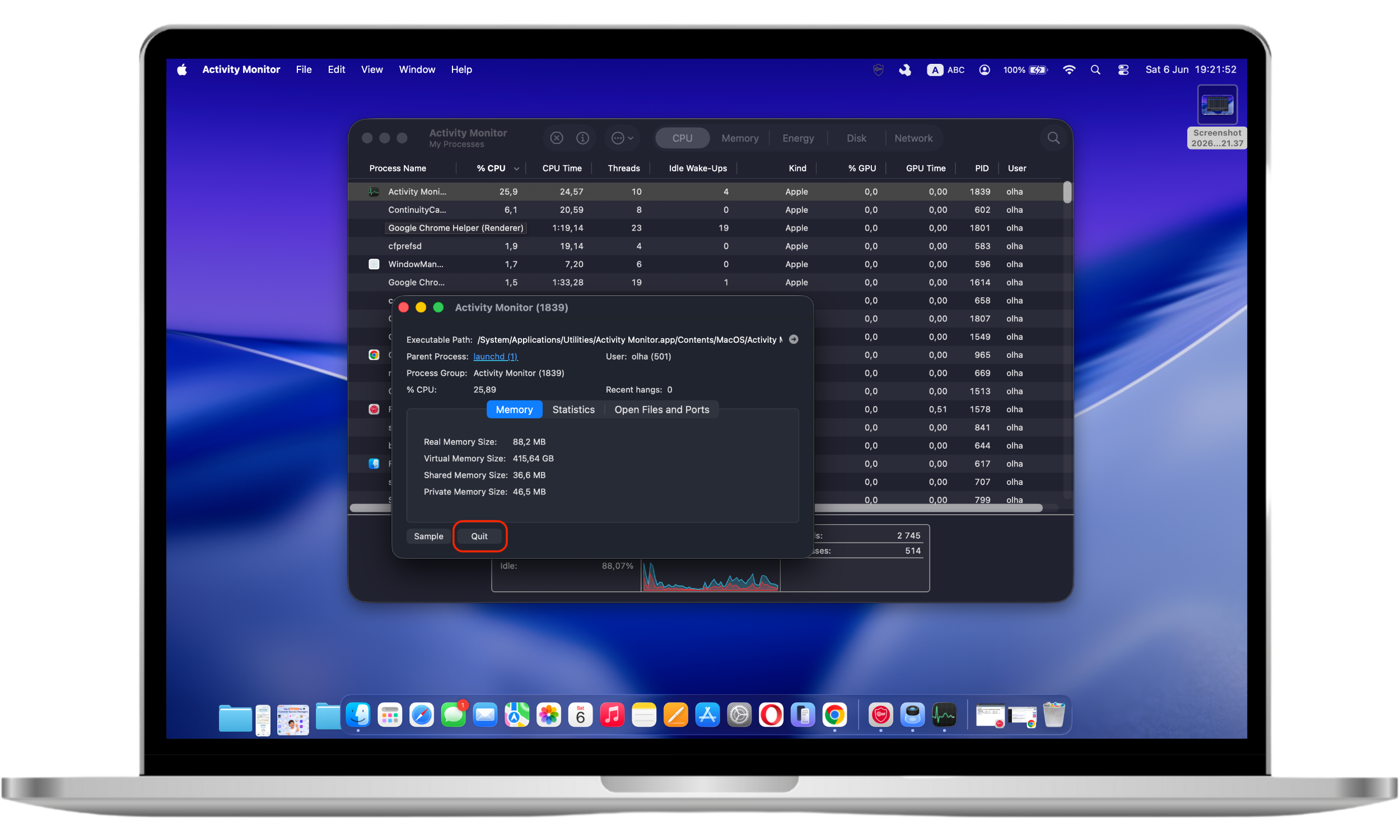 The Activity Monitor process window on a Mac displays the option to quit a selected application or process that is consuming excessive system resources.