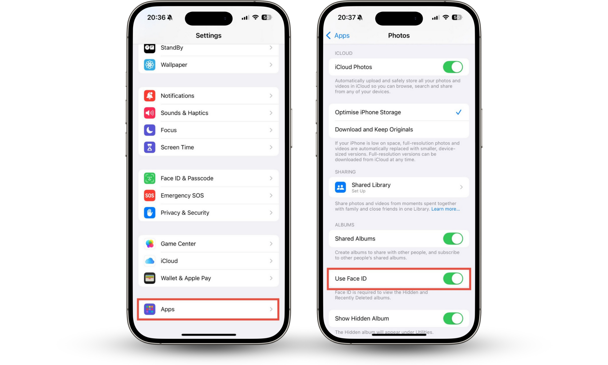 The Settings app on an iPhone, showing how to enable Face ID for the secret photo album in the Photos app. The Settings app on an iPhone, showing how to enable Face ID for the secret photo album in the Photos app.